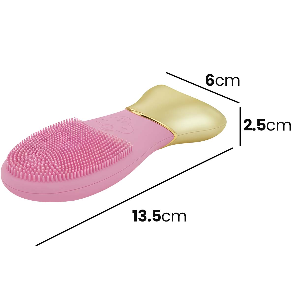 Ein pinker Gesichtsreiniger mit goldenem Akzent und Maßen: 13,5 cm lang, 6 cm breit, 2,5 cm hoch.