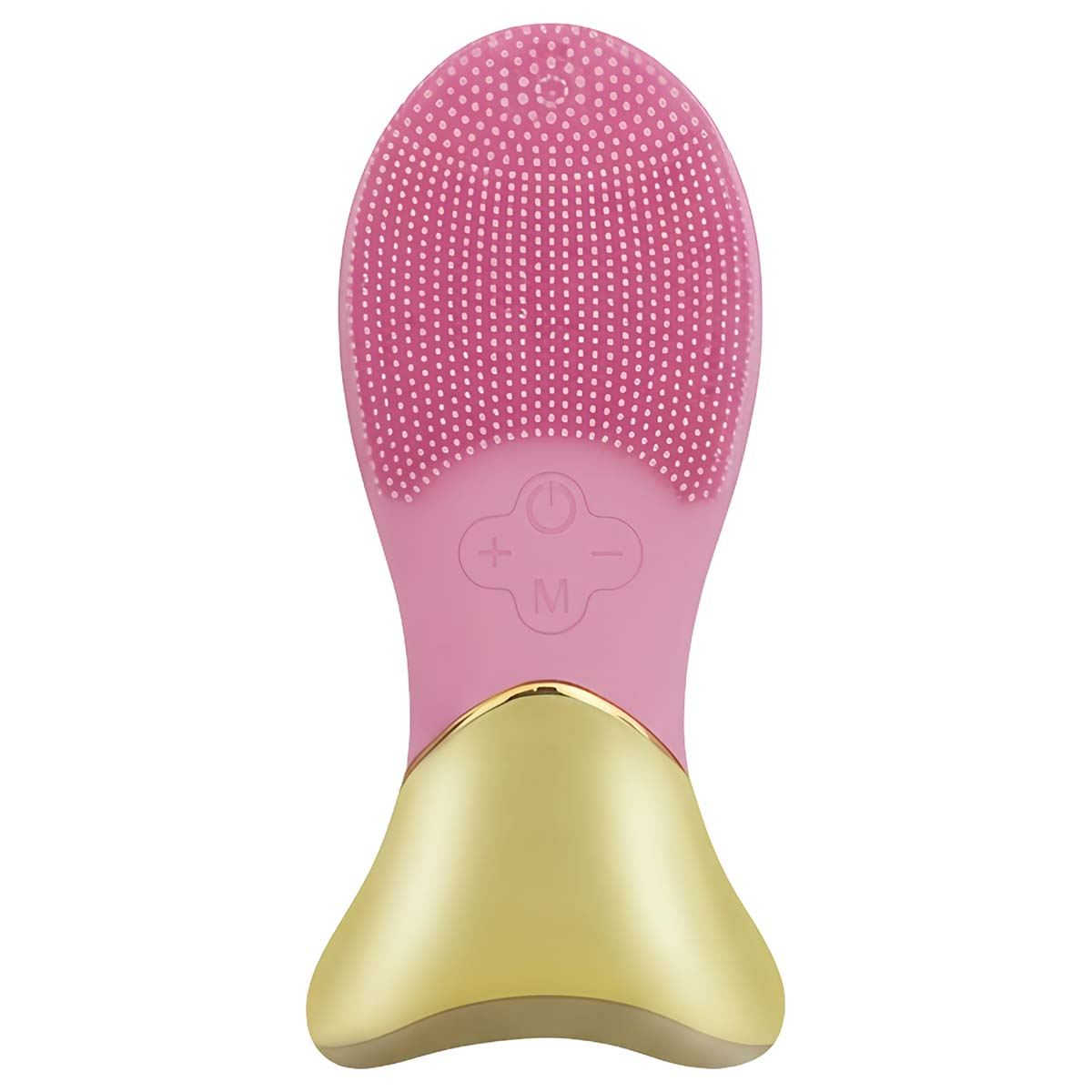 Rosafarbene Gesichtsreinigungsbürste mit goldenem Sockel. Mit Silikonborsten & Knöpfen.