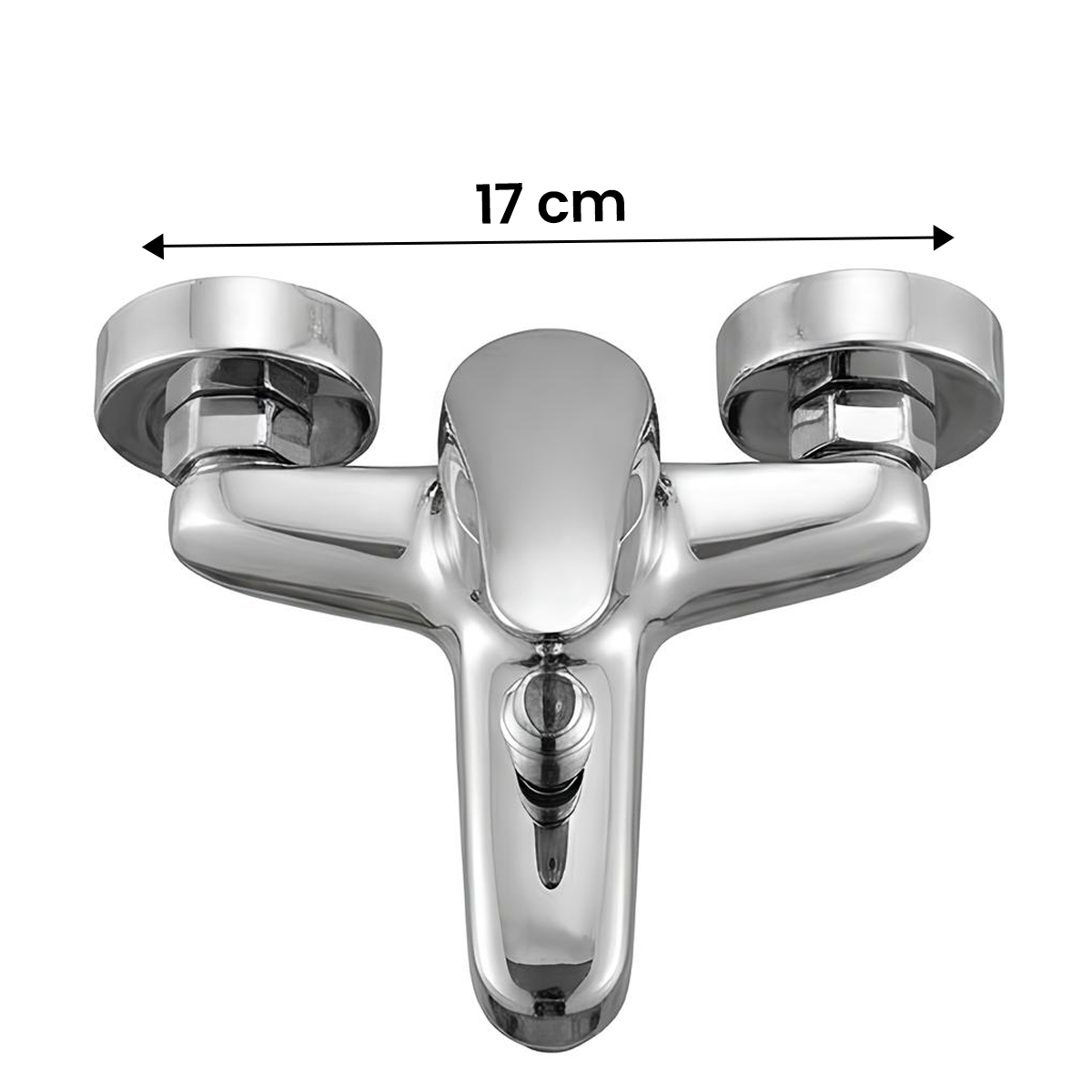 Chrom-Duscharmatur mit zwei Drehknöpfen und einer Breite von 17 cm.