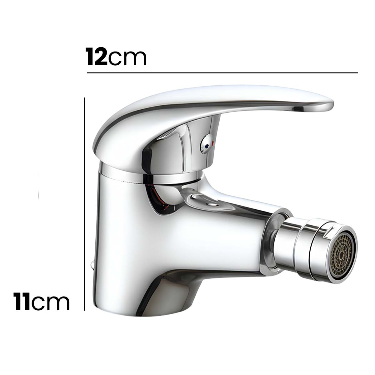 Chromglänzender Wasserhahn mit einer Breite von 12cm und Höhe von 11cm.