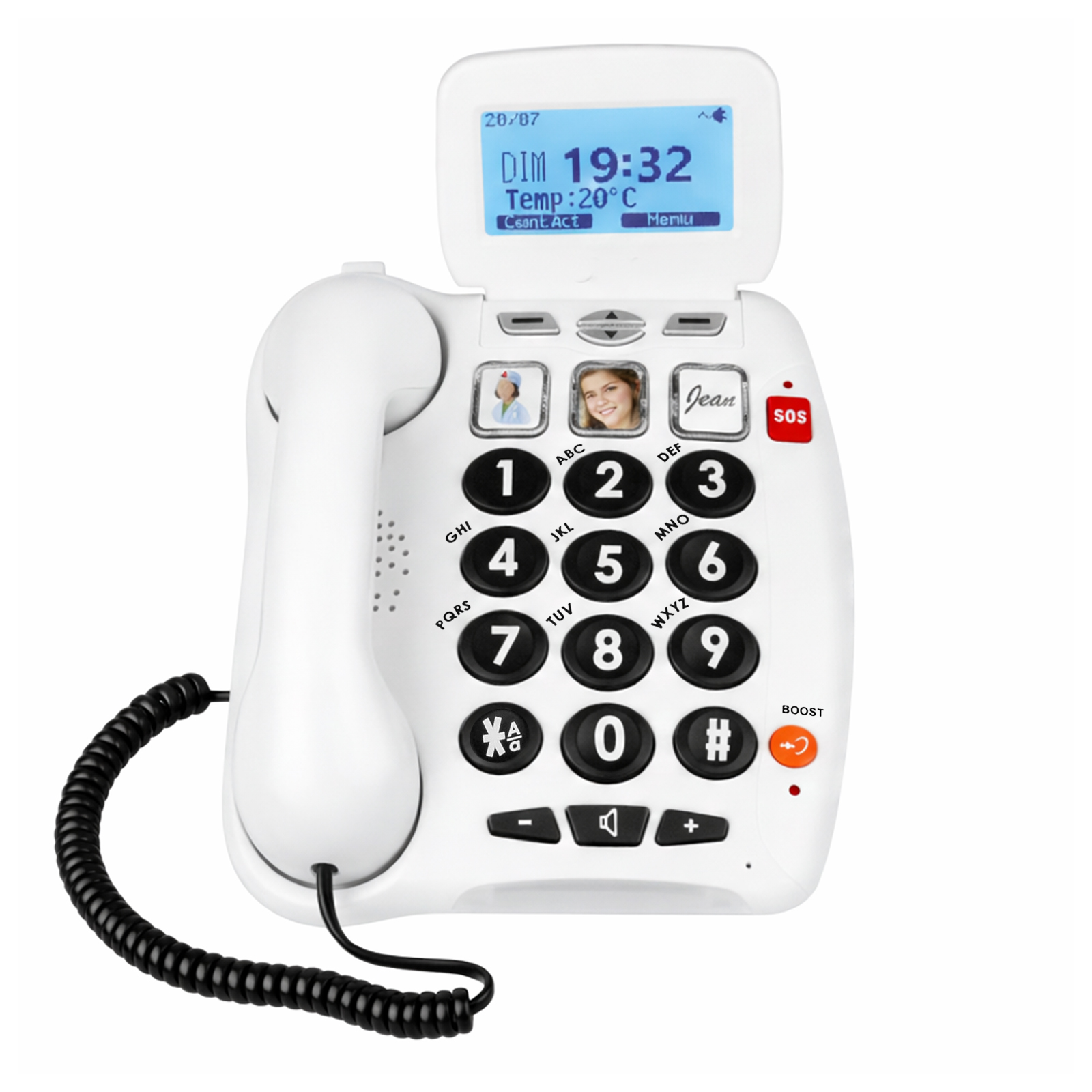 Ein weißes Schnurtelefon mit großem Display und Tasten. Es zeigt Uhrzeit und Temperatur.