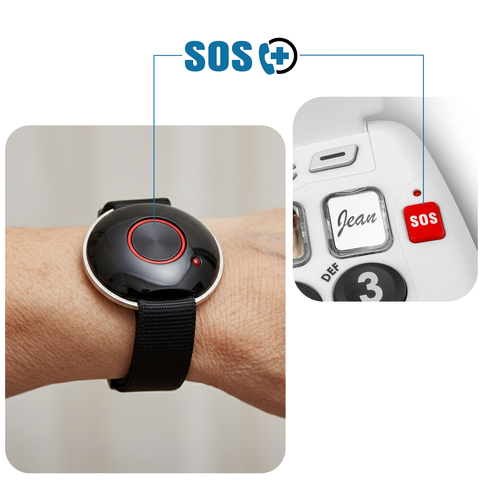 Ein schwarzer SOS-Armbanduhr mit rotem Knopf und ein Notfalltelefon.