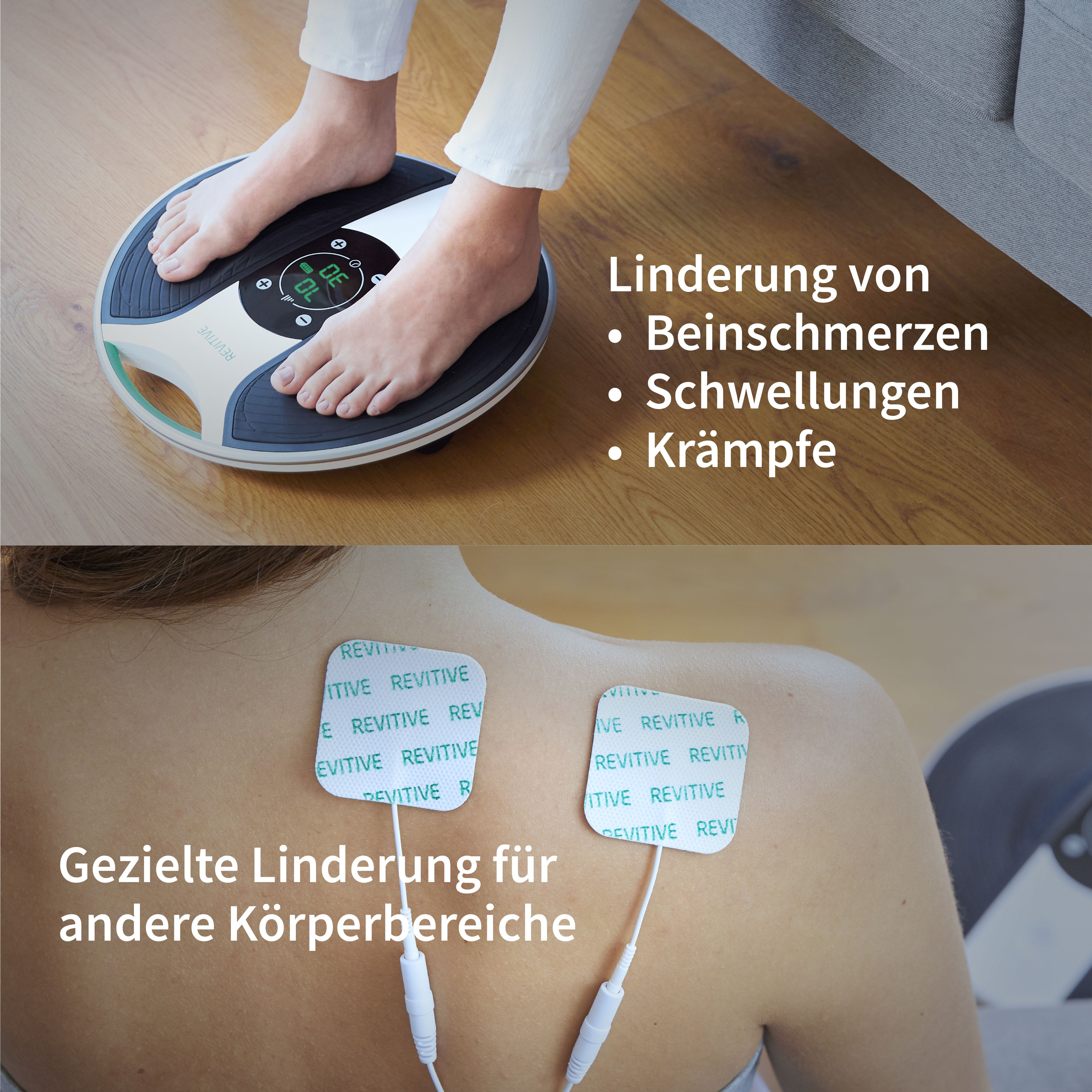 Füße auf Vibrationsplatte, Elektroden auf Schulter.