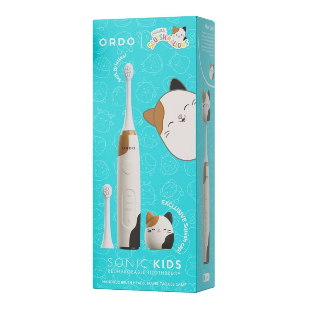 Una caja azul para un cepillo de dientes ORDO Sonic Kids con gráficos de gato. Incluye cepillo, capuchones y cabezales.