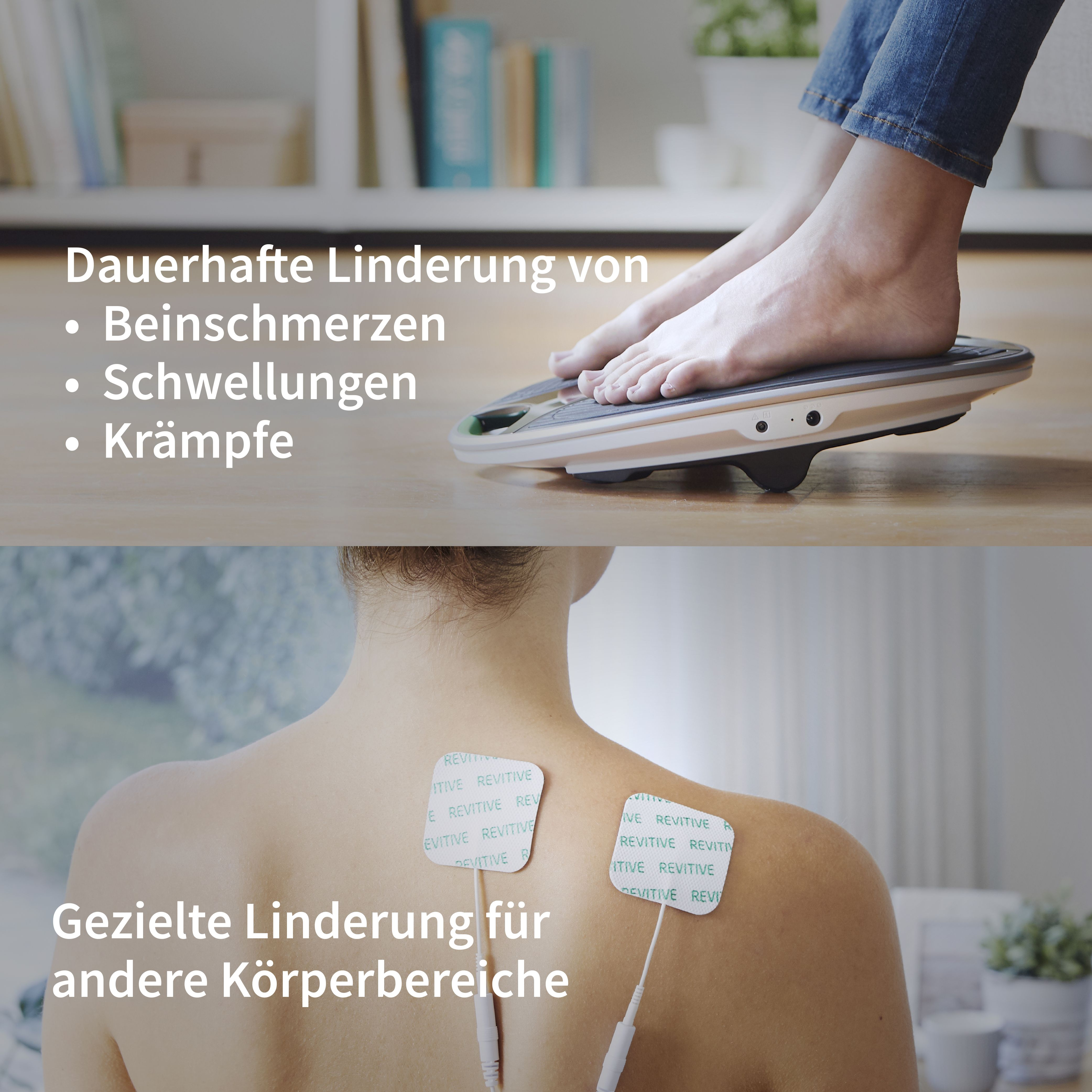 Oben: Füße auf einem Gerät, unten: Elektroden auf der Schulter.