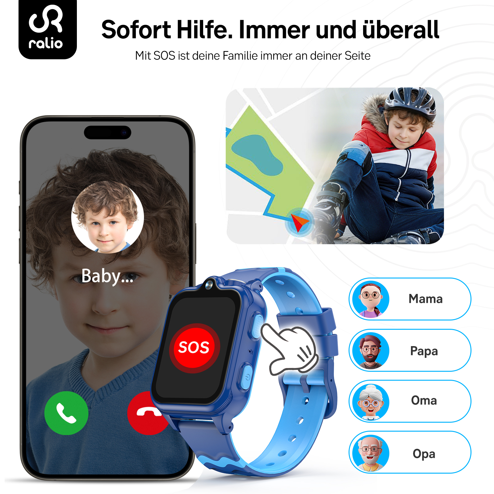 Kinder-Smartwatch mit SOS-Funktion, Telefon-App, Karte und Familienkontakten.