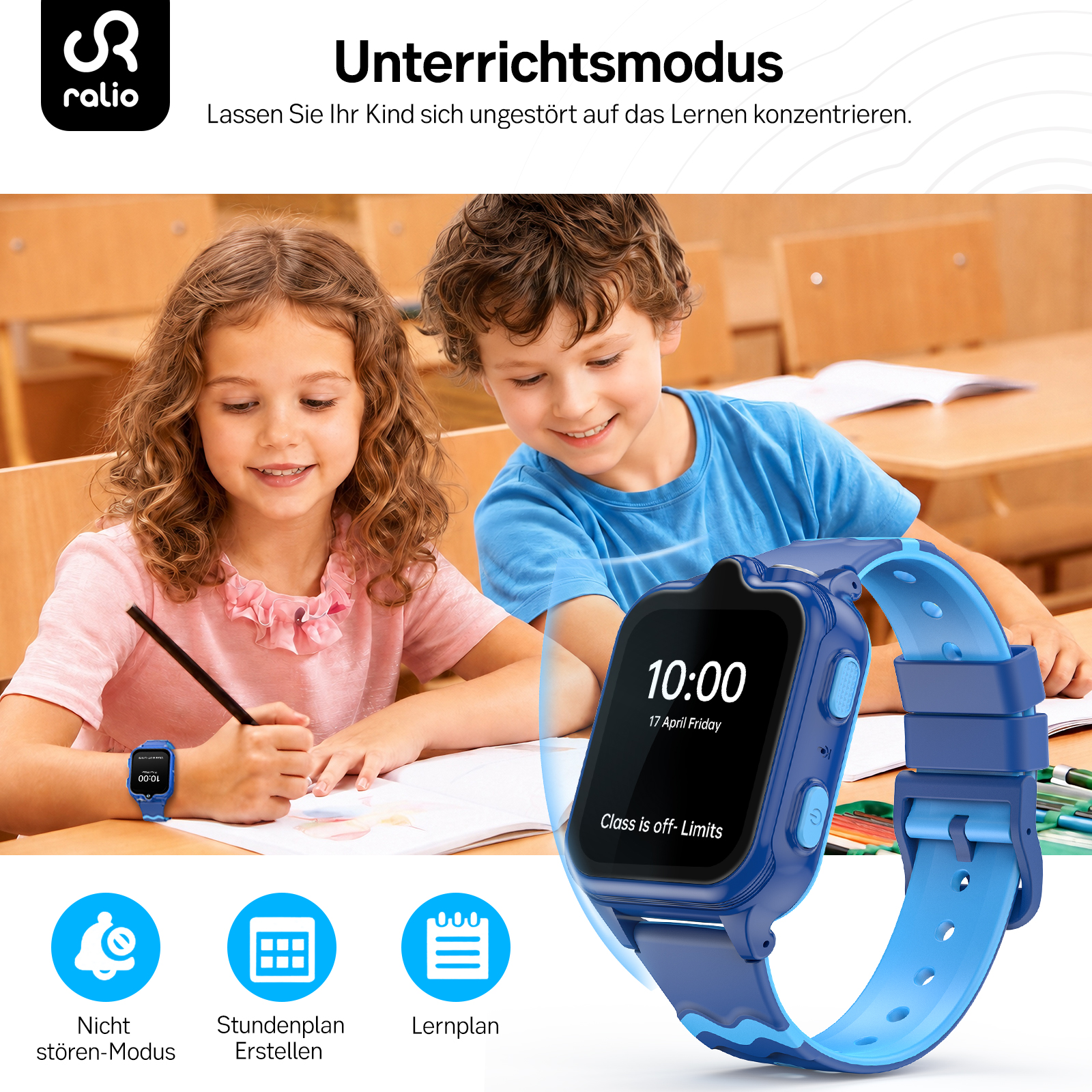 Kinder lernen mit Smartwatch. Unterrichtsmodus für Fokus.