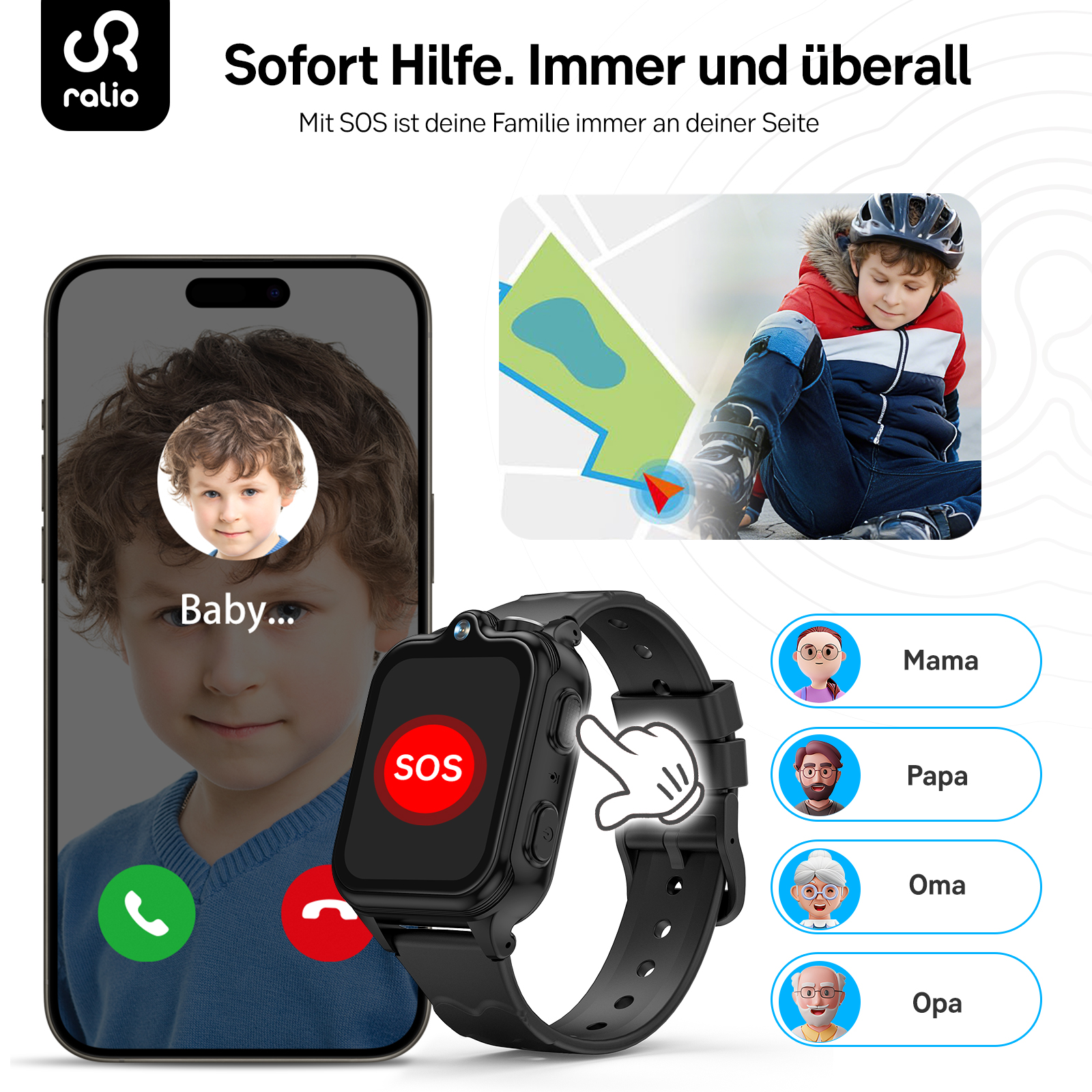 Smartwatch mit SOS-Funktion, Telefon und Kontaktliste.