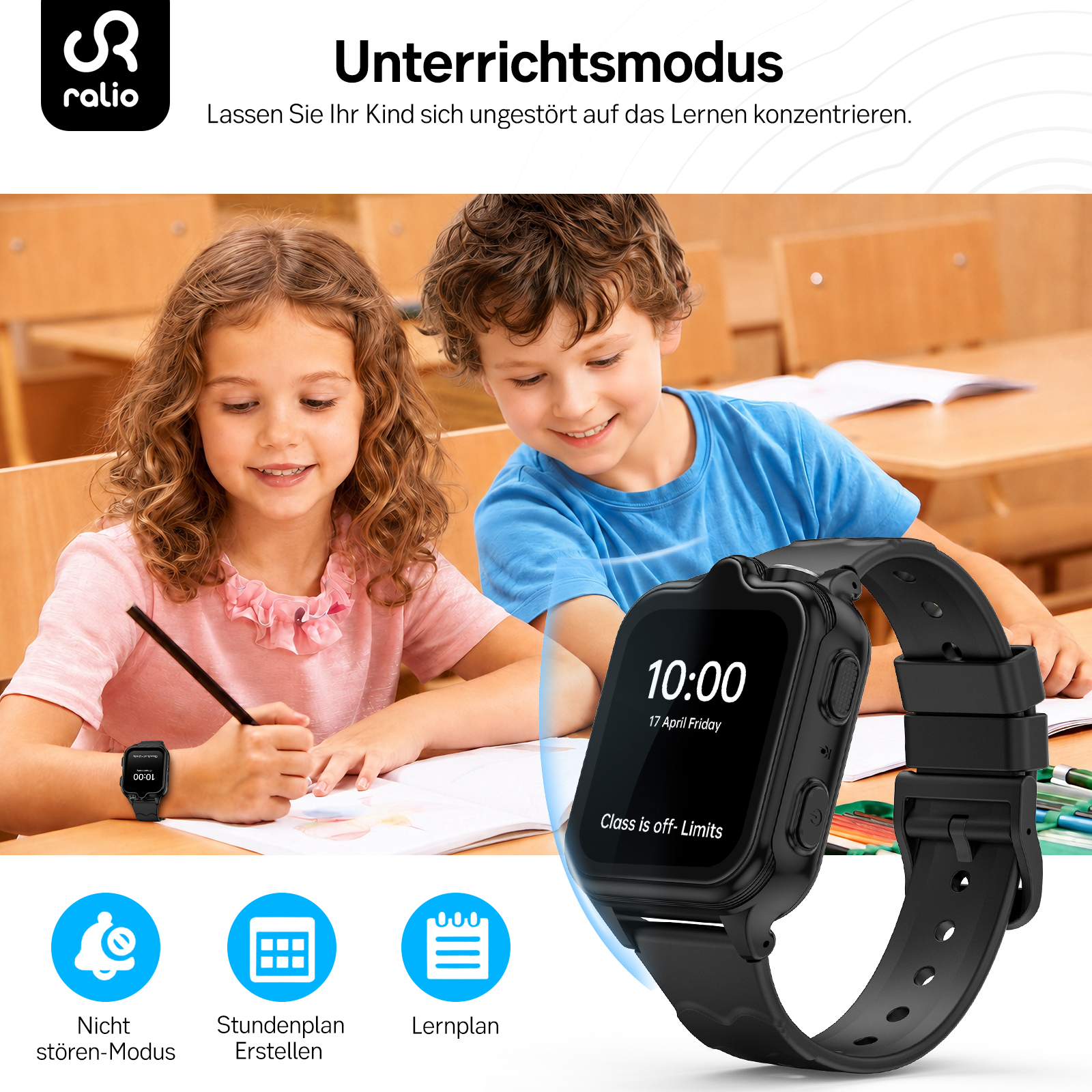 Kinder im Unterricht, Fokus auf Lernmodus einer Smartwatch. Icons für Modi, Stundenplan, Lernplan.