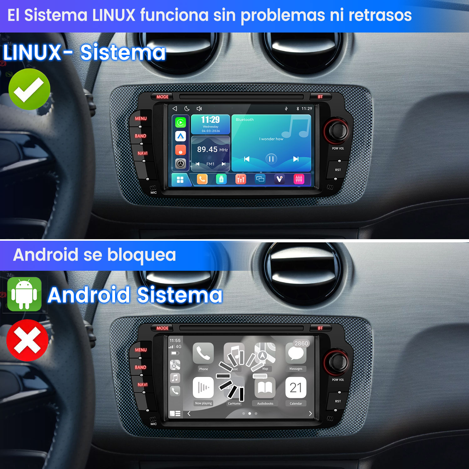 Dos sistemas de infoentretenimiento de coche comparados: Linux va fluido, Android se bloquea.