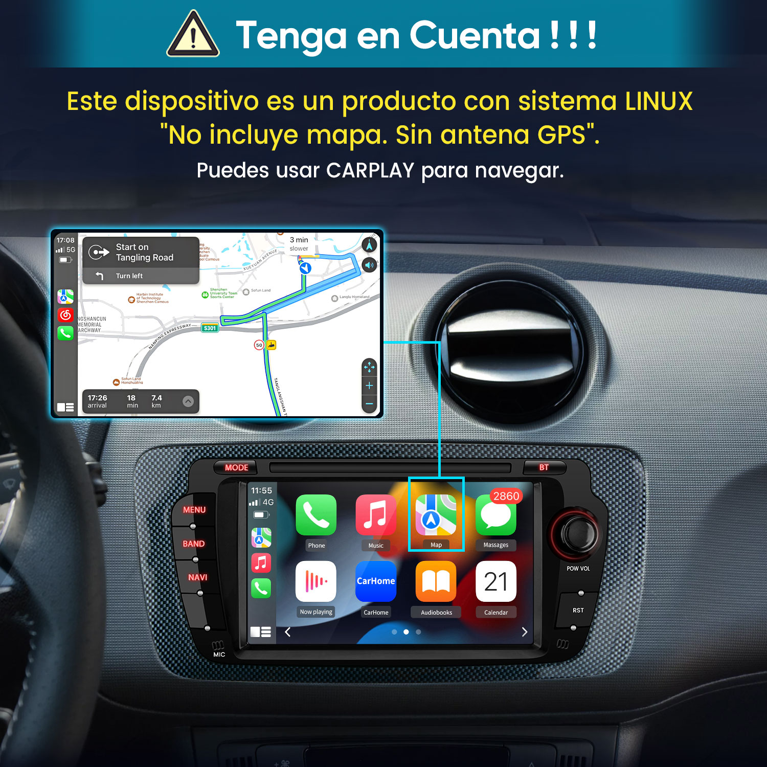 Pantalla de infoentretenimiento del coche muestra app de navegación con ruta. Texto en español.