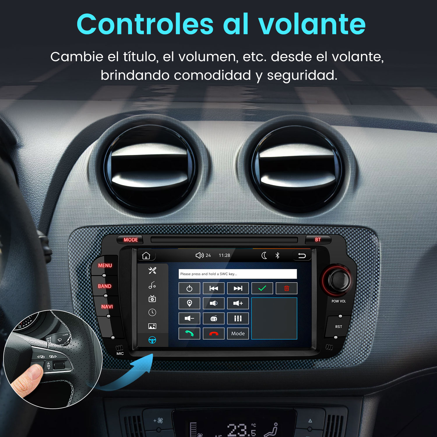 Sistema de infoentretenimiento para coche con controles en el volante.
