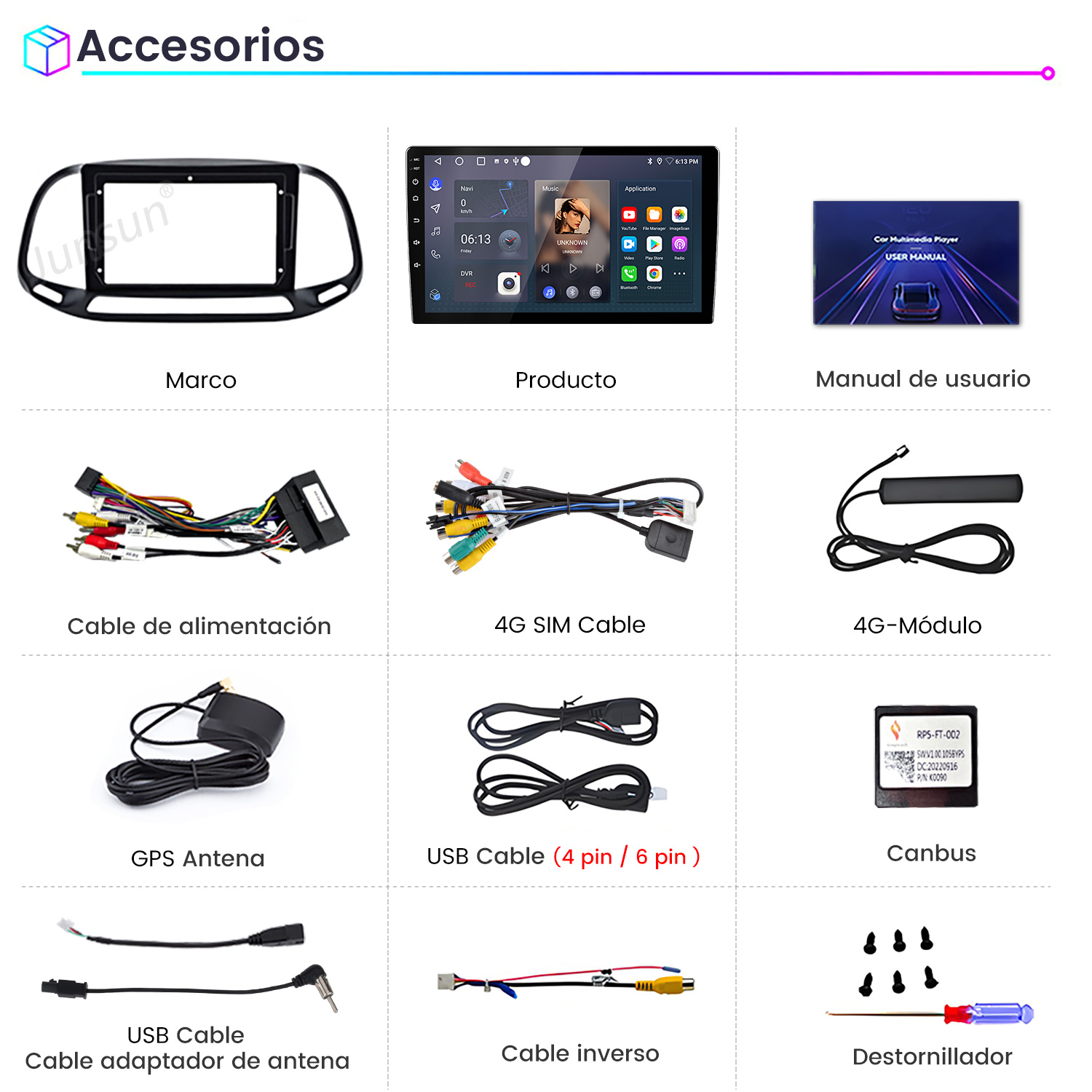 Accesorios: Marco, pantalla producto, manual, cable alimentación, cable SIM 4G, módulo 4G, antena GPS, cable USB, Canbus, adaptador USB, cable inverso, destornillador.
