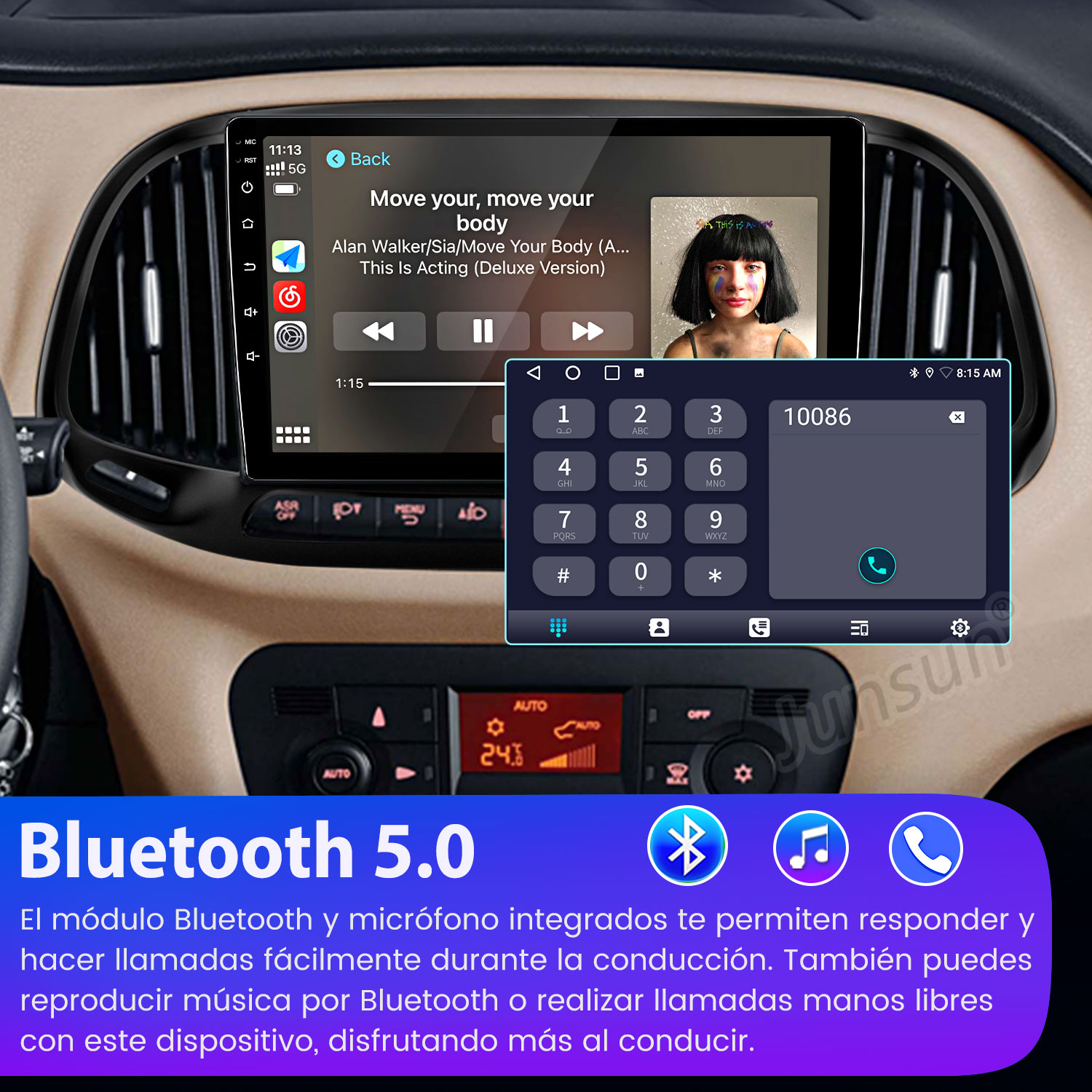 Pantalla de radio de coche mostrando música y teclado. Abajo, anuncio de Bluetooth 5.0.