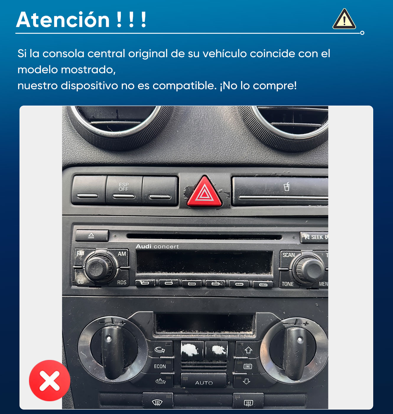 Consola de coche con luces de emergencia, radio y controles climáticos.