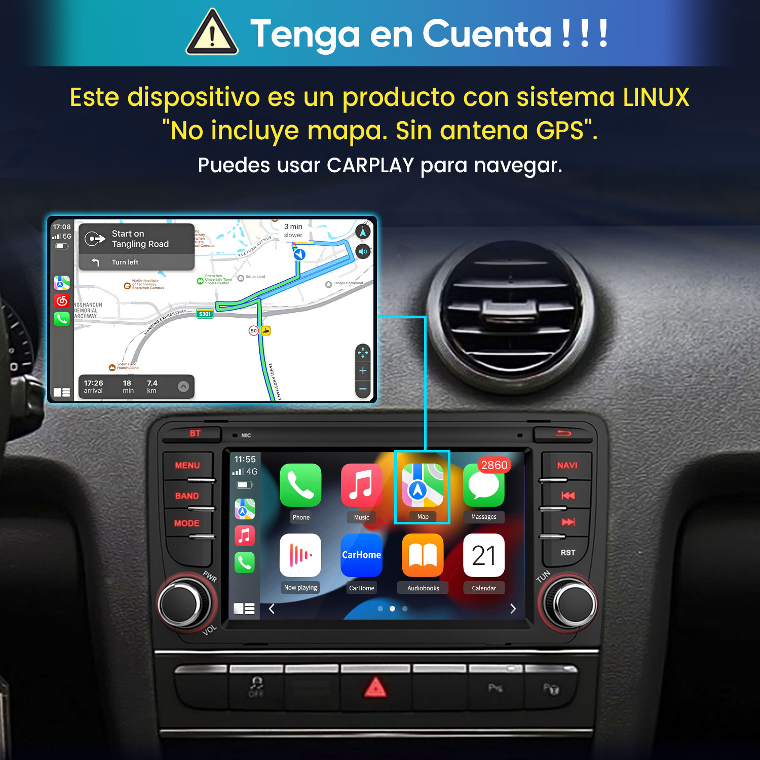 La radio de un coche muestra una app de navegación y el menú principal.
