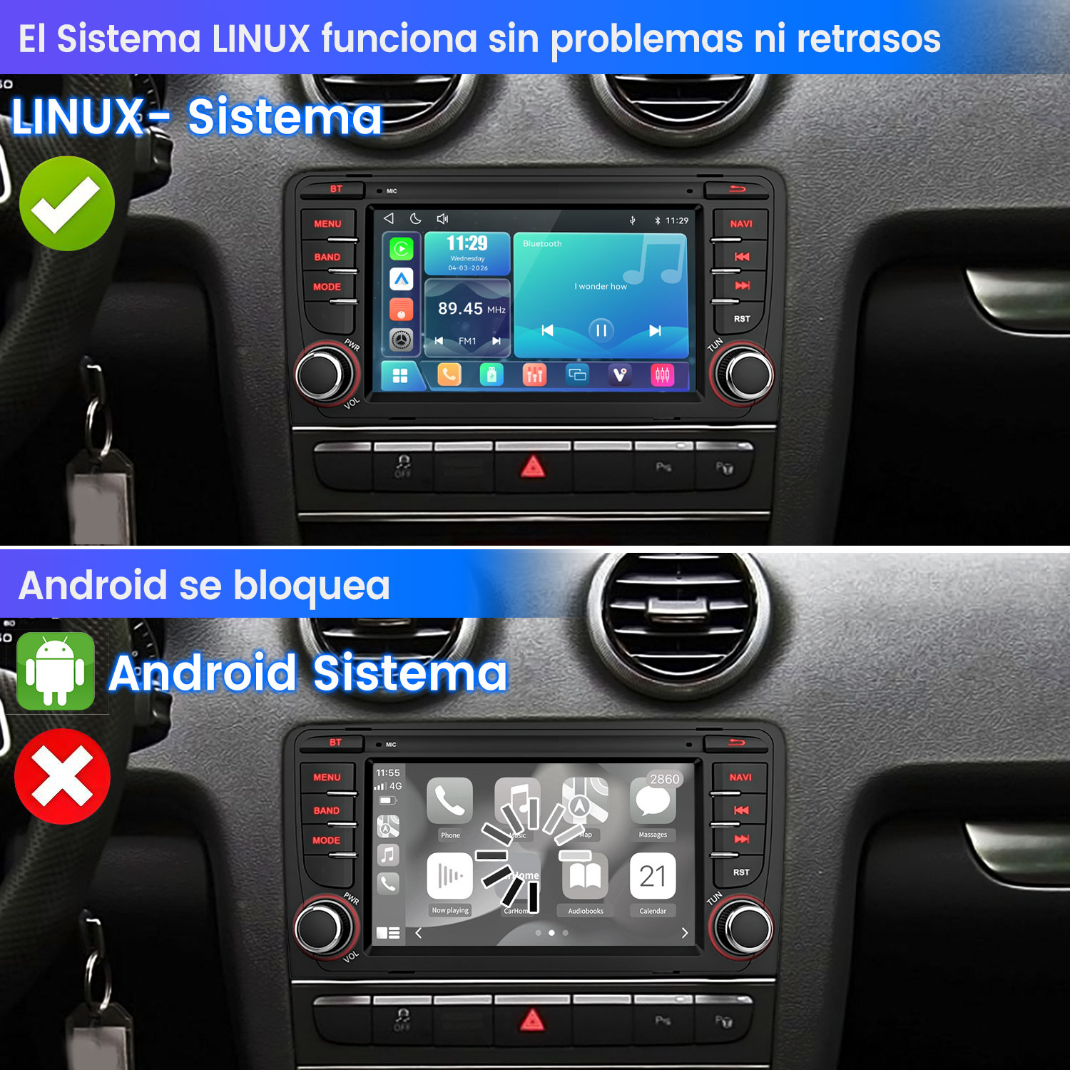 Dos sistemas de infoentretenimiento de coche: LINUX arriba, Android abajo bloqueado.