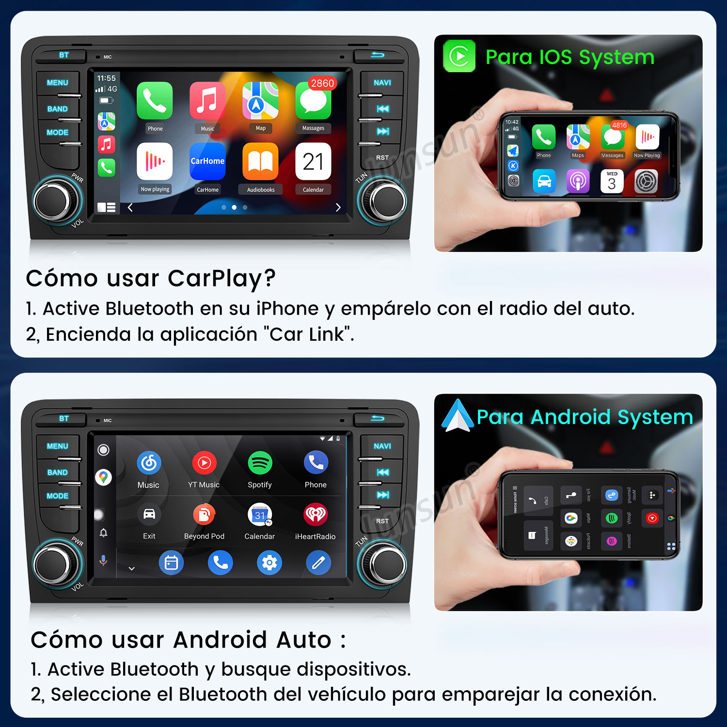 Sistema de infoentretenimiento para coche mostrando CarPlay y Android Auto en iPhone y Android.