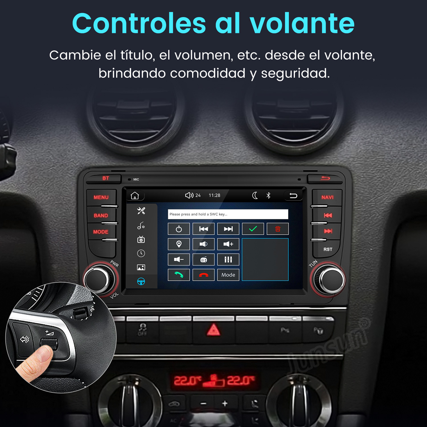 Un dedo presiona un botón del volante; el sistema muestra opciones.