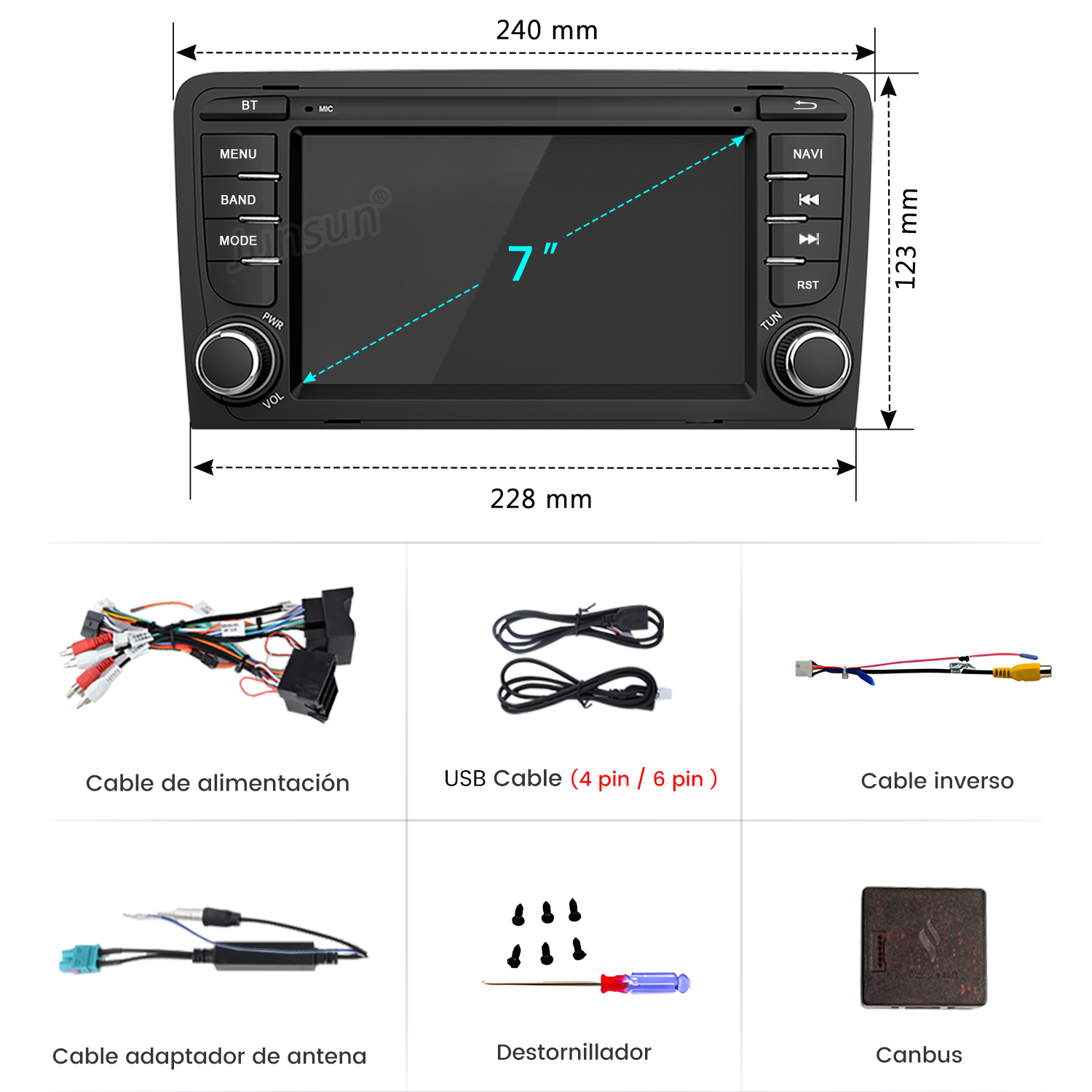Un autorradio con pantalla de 7 pulgadas y accesorios: cables, USB, destornillador, Canbus.