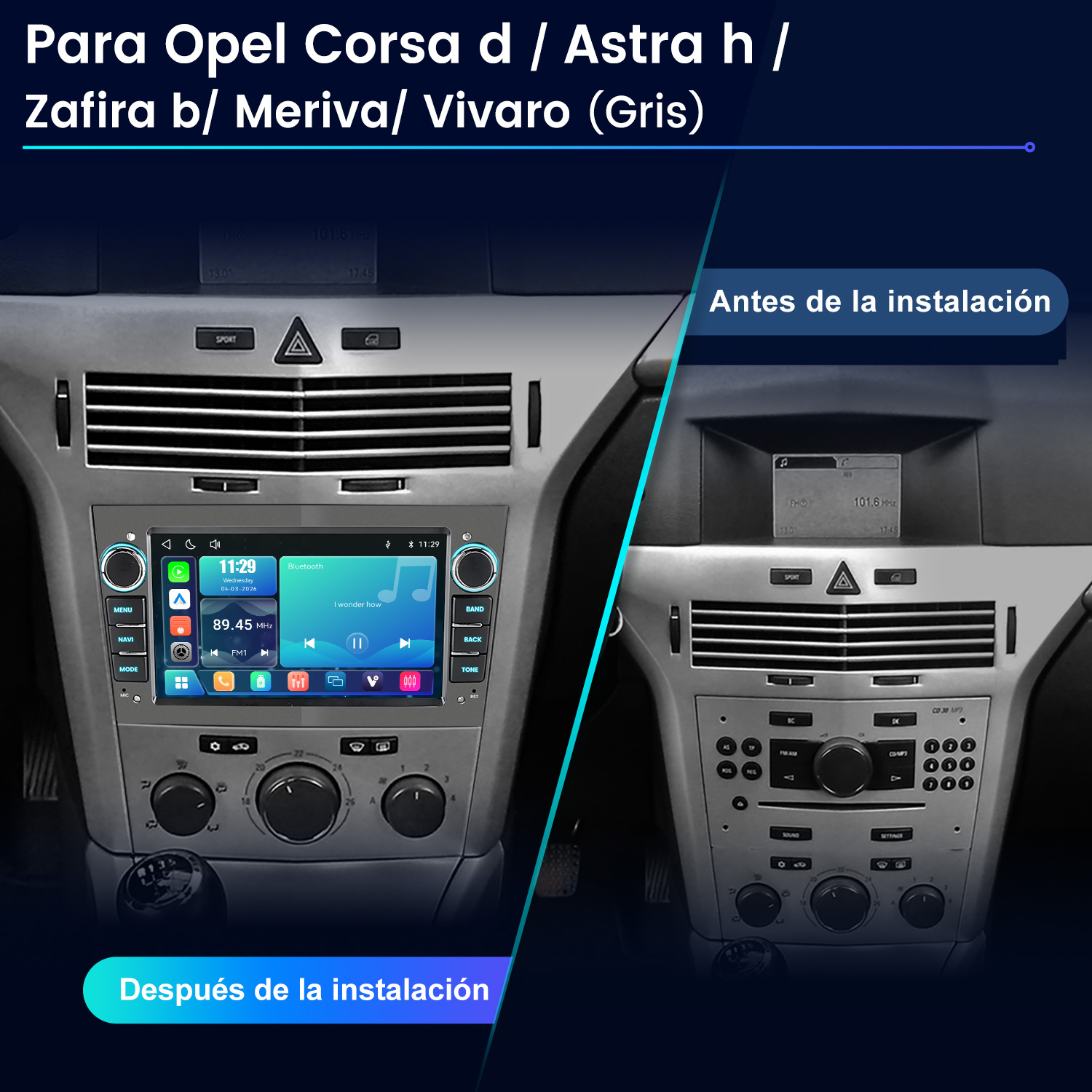Comparación antes y después de un sistema de infoentretenimiento con pantalla táctil.