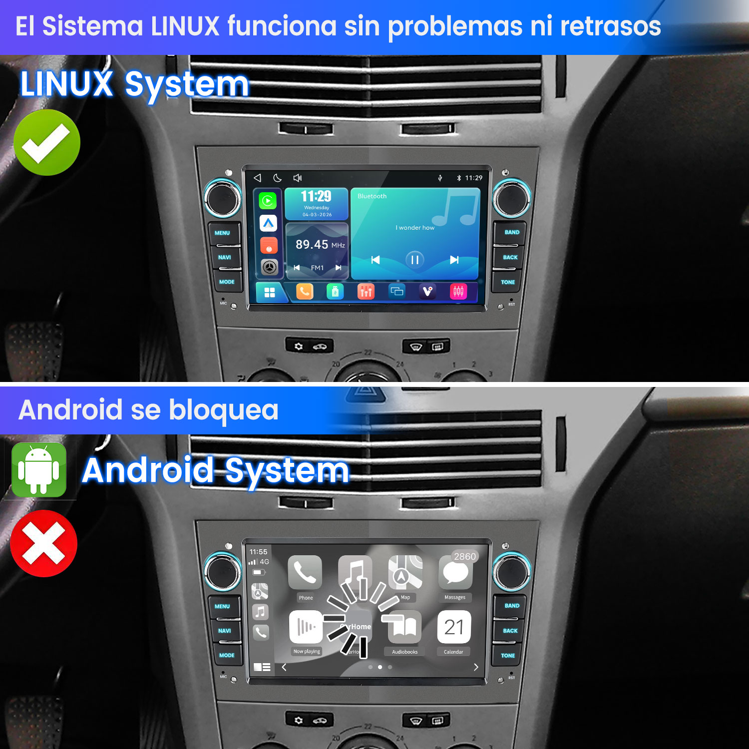 Sistema LINUX: Un sistema de infoentretenimiento para coche con marca de verificación. Sistema Android: Un sistema de infoentretenimiento para coche con una X.