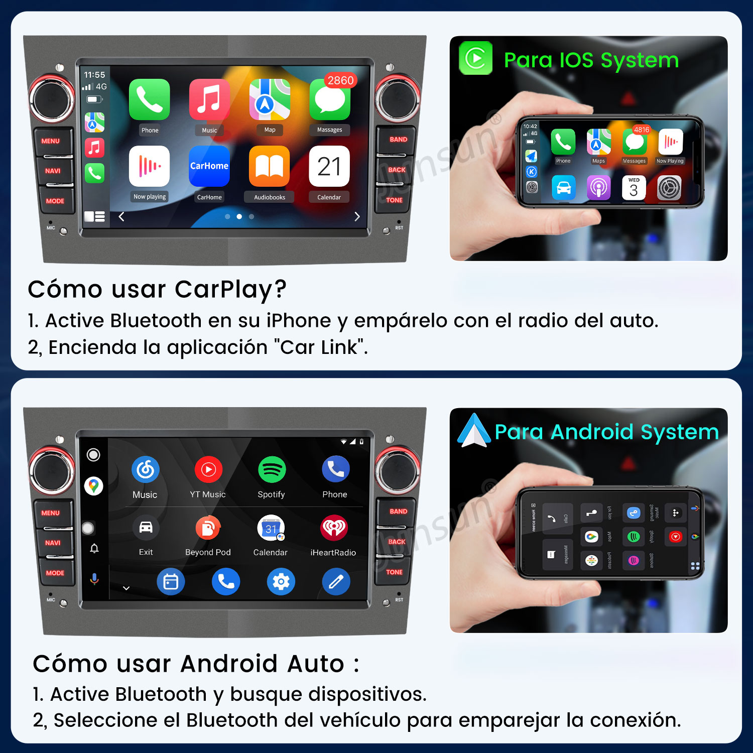 Pantallas que muestran interfaces y instrucciones de CarPlay y Android Auto.