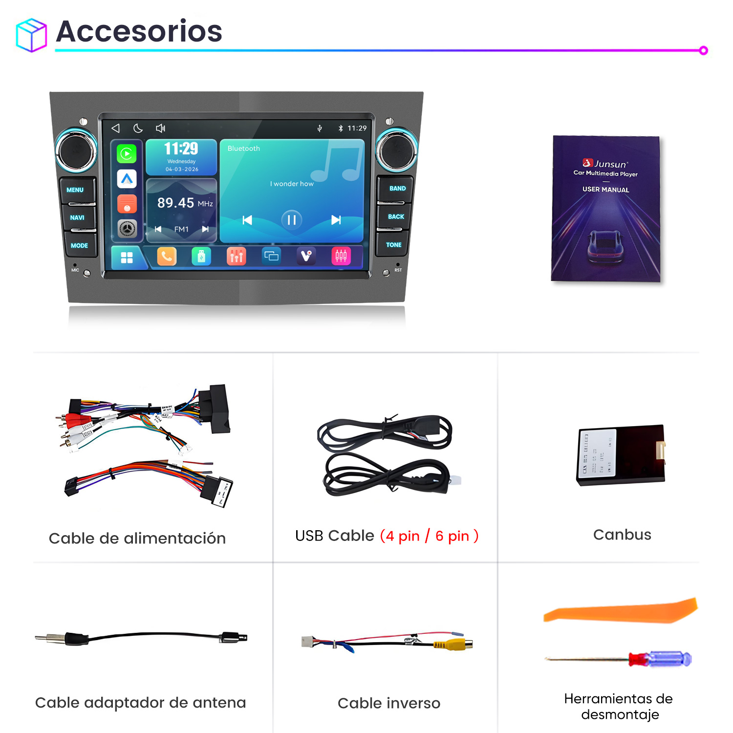 Accesorios de multimedia para coche: pantalla, manual, cables, Canbus, herramientas.