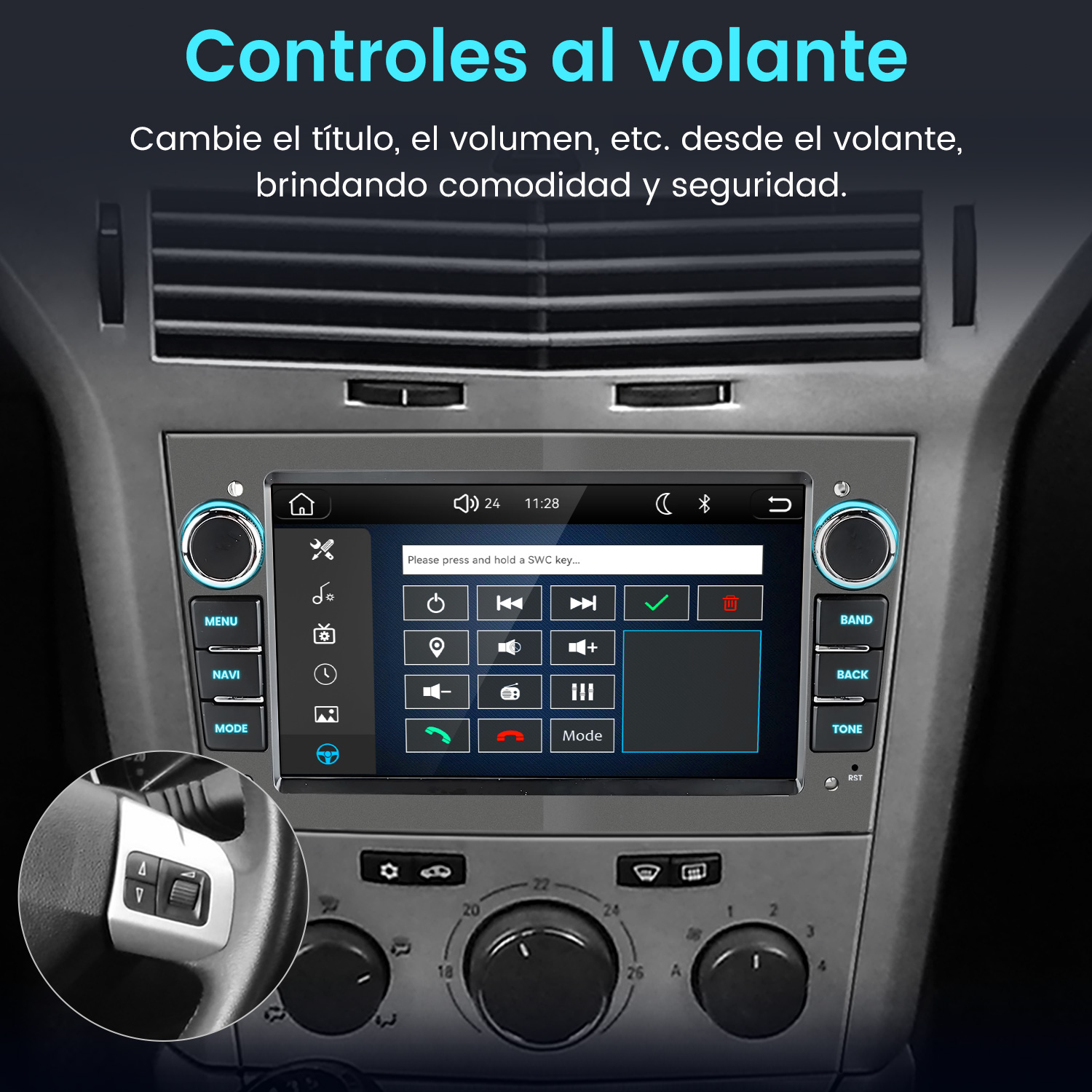 Salpicadero de coche con pantalla táctil que muestra controles y detalle del volante.