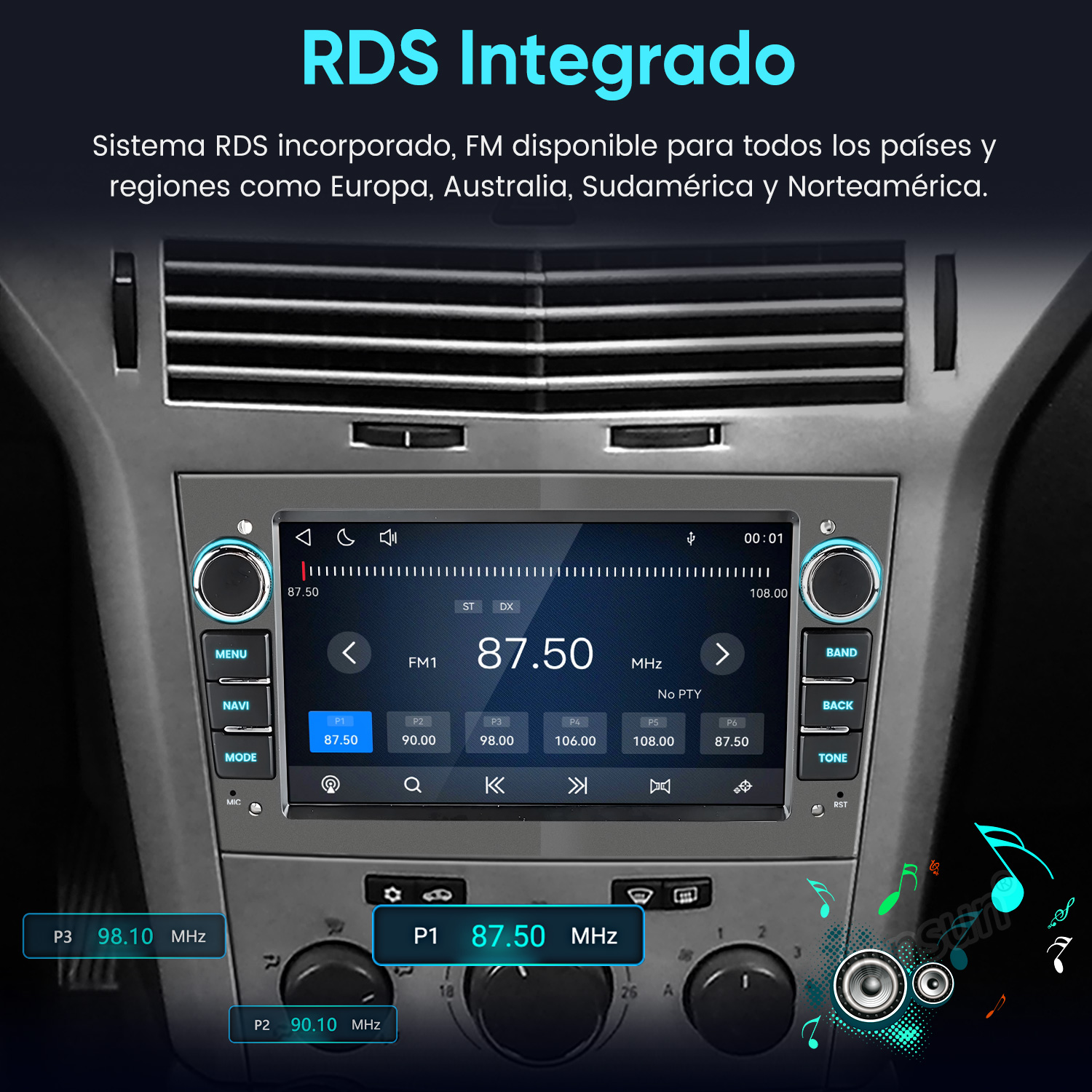 Pantalla de autorradio mostrando RDS Integrado, frecuencia FM 87.50 MHz, preajustes y botones de navegación.