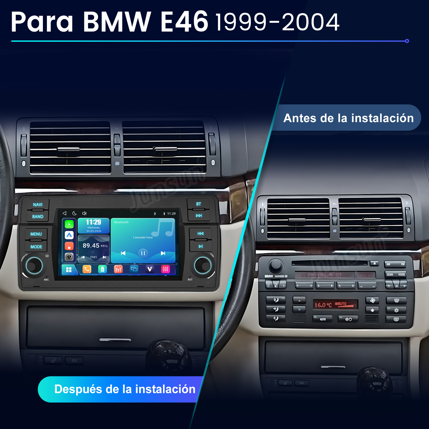 Comparación antes/después de una radio de coche BMW E46, pantalla táctil nueva a la izquierda, vieja a la derecha.