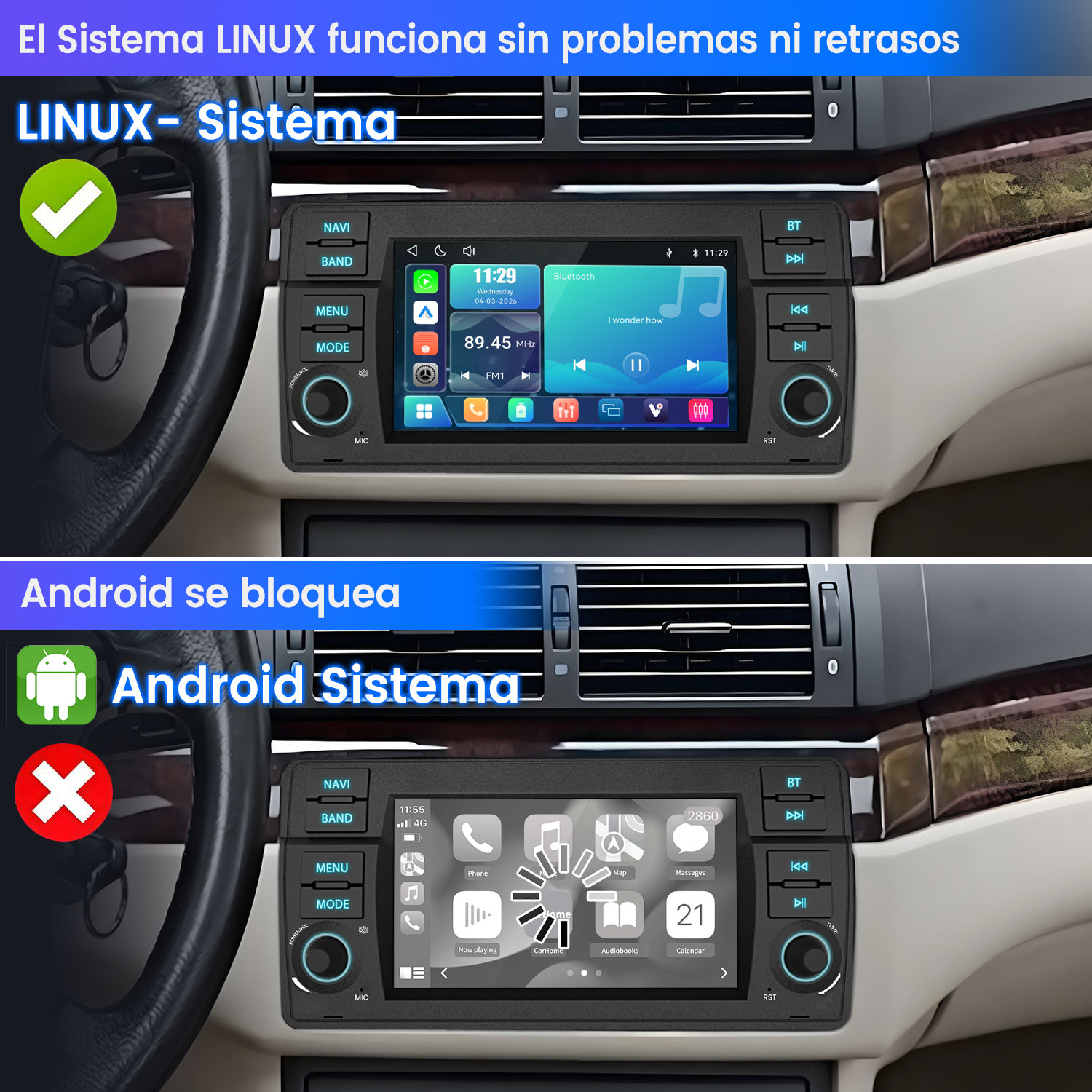 Tablero de coche con dos pantallas: sistema Linux arriba, sistema Android abajo.