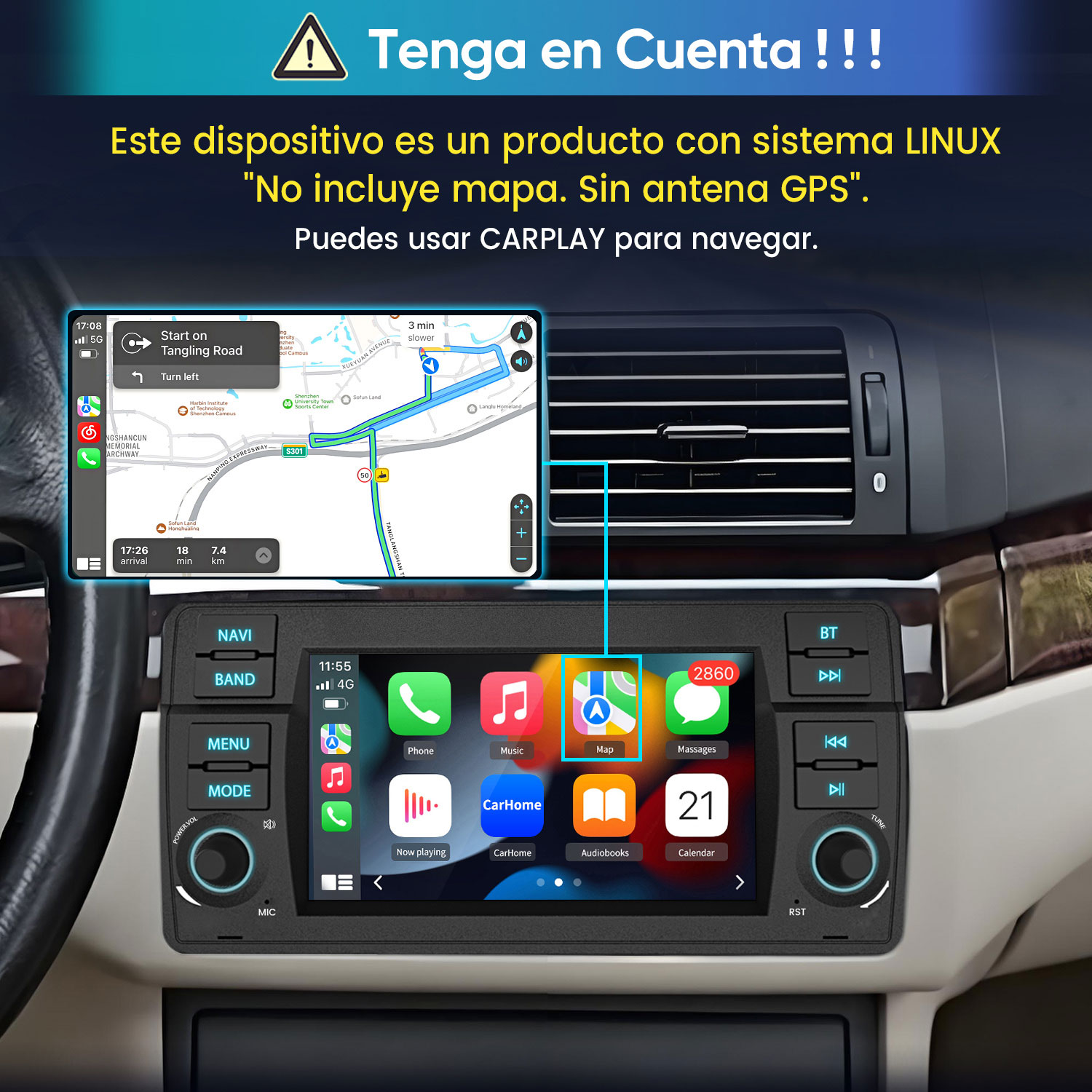 Sistema de infoentretenimiento para coche con pantalla táctil muestra app de navegación e iconos.