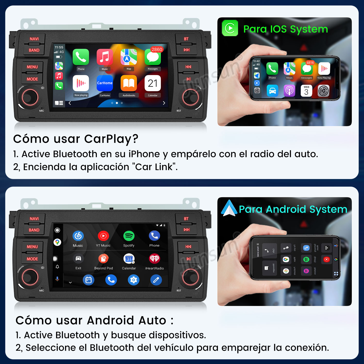 Imagen dividida con menús de radio de coche para iOS y Android, y pantallas de móvil.