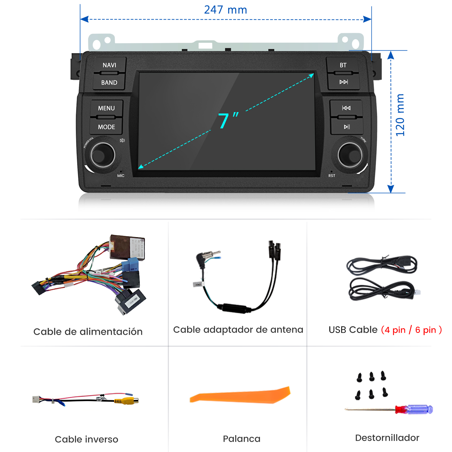 Un autorradio de 7 pulgadas con botones y pantalla, y accesorios.