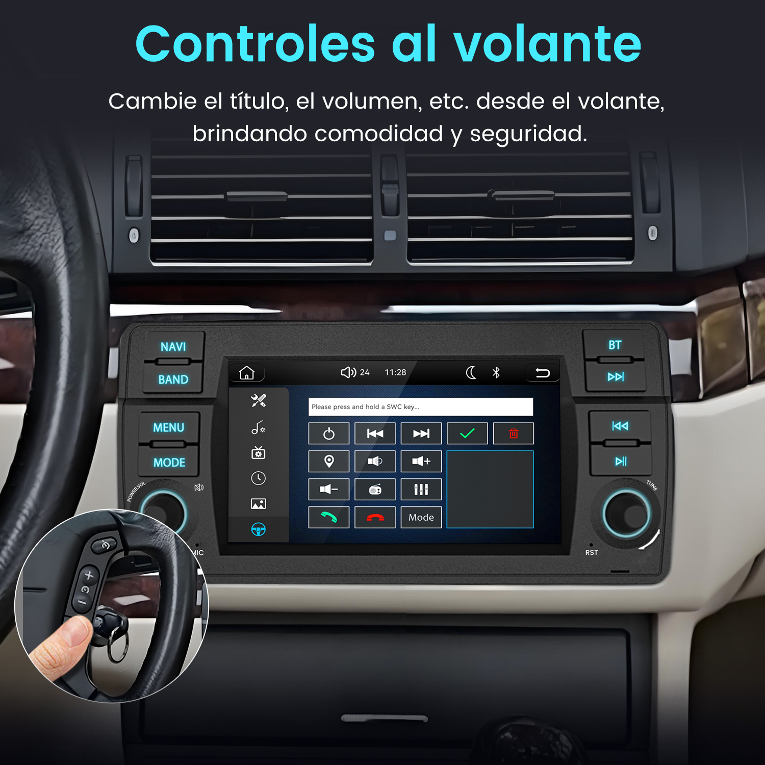 Un volante con un sistema de infoentretenimiento en pantalla táctil. Una mano opera el sistema.