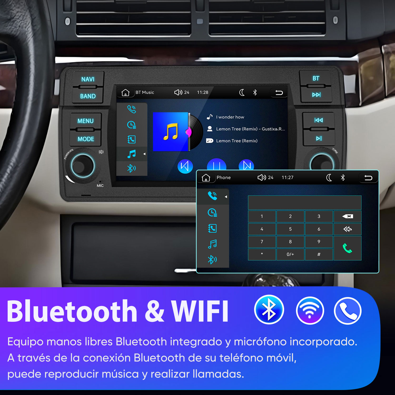 Pantalla táctil de autorradio muestra música y teclado de teléfono. Abajo dice Bluetooth y WIFI.