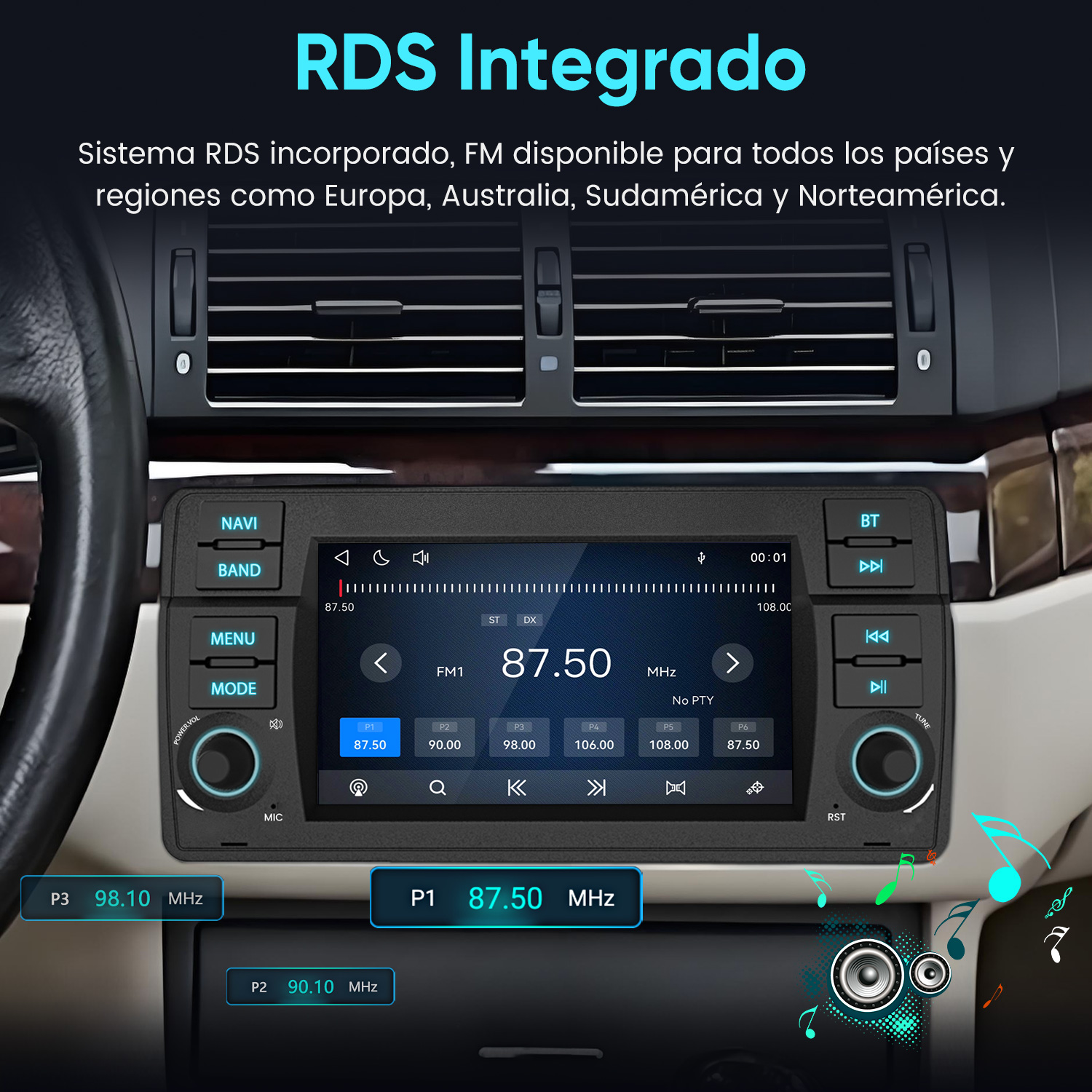 Pantalla de radio de coche mostrando información y controles.