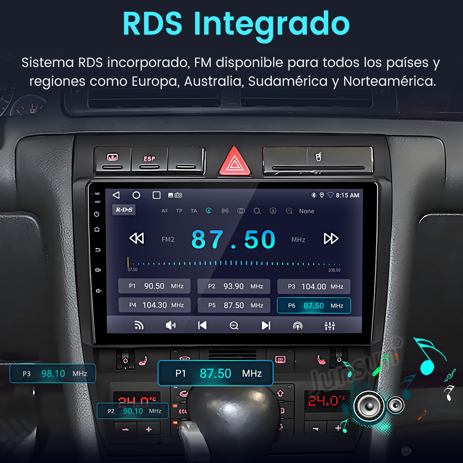 La imagen muestra la pantalla de una radio RDS de coche con emisoras y hora.
