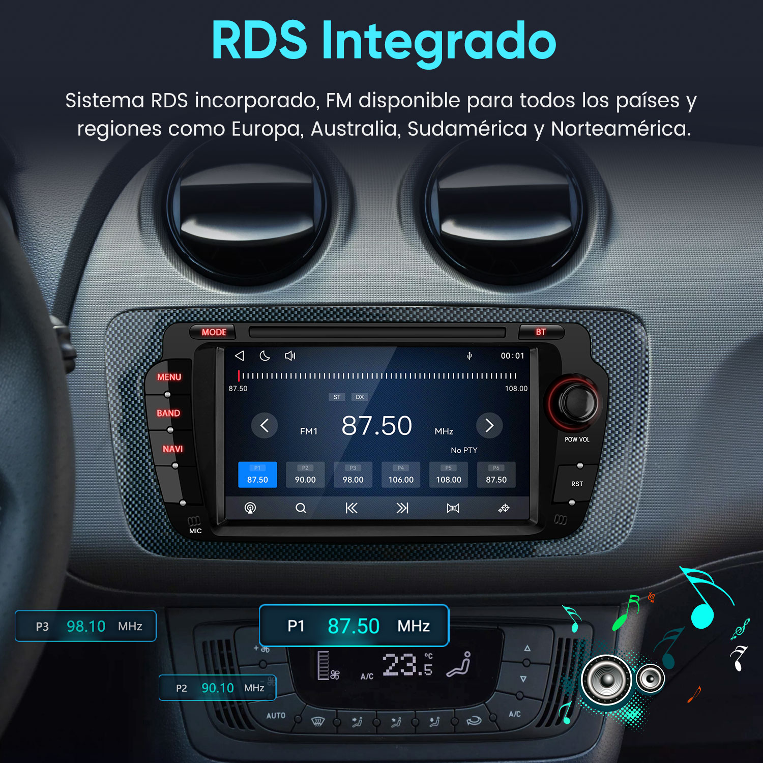 Salpicadero de coche mostrando radio digital y controles de clima.