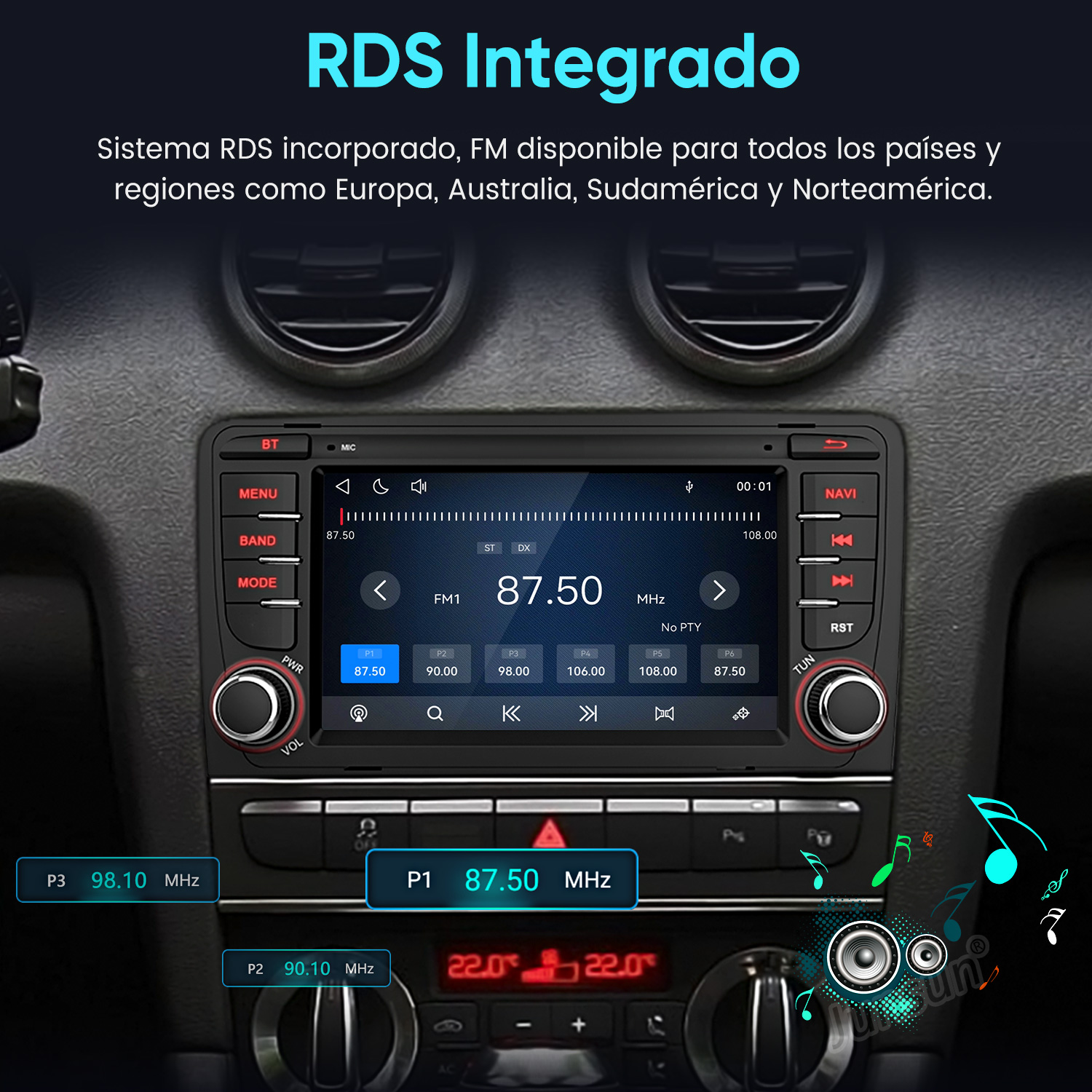 Una radio RDS de coche con pantalla táctil muestra 87.50 MHz y varias presintonías.