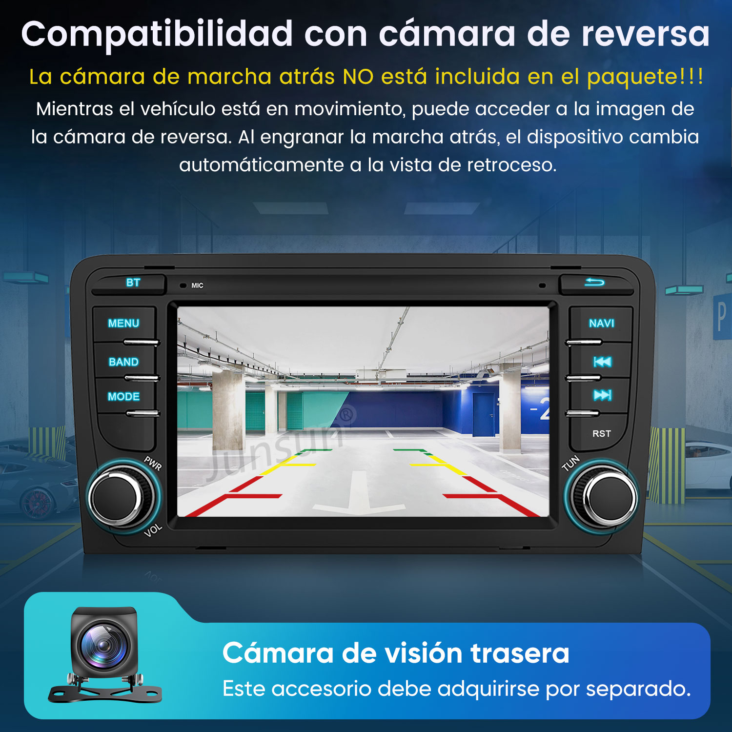 Pantalla de coche muestra vista de cámara trasera de garaje con líneas.