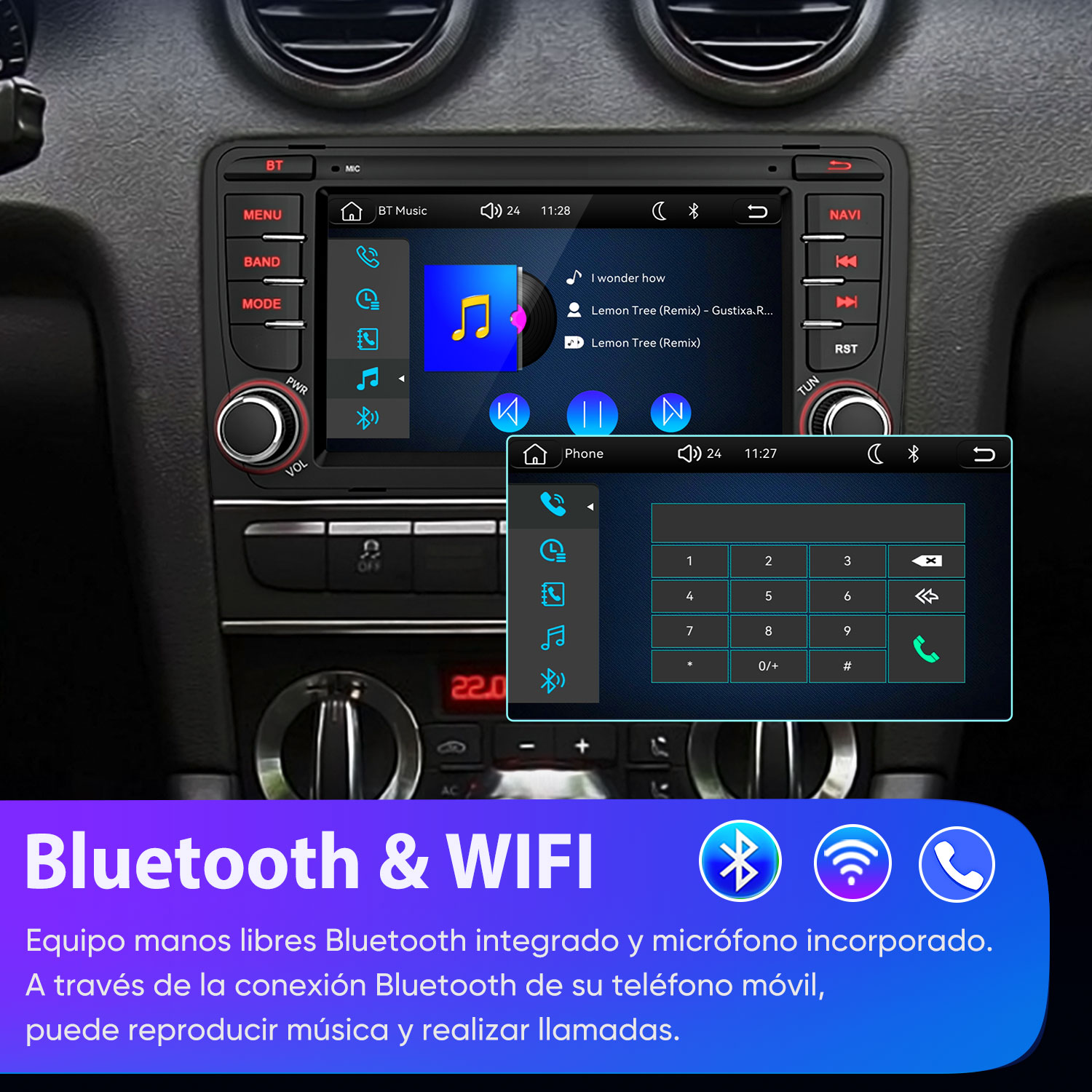 Pantalla de radio de coche muestra app de música con títulos y controles. Texto sobre Bluetooth y WiFi abajo.