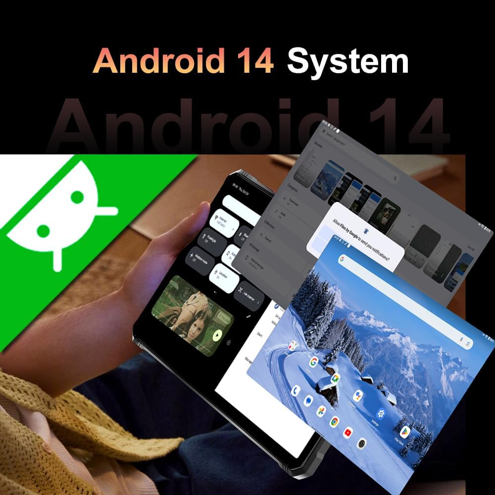 Sistema Android 14 con pantallas de móvil y tablet, logo de Android.