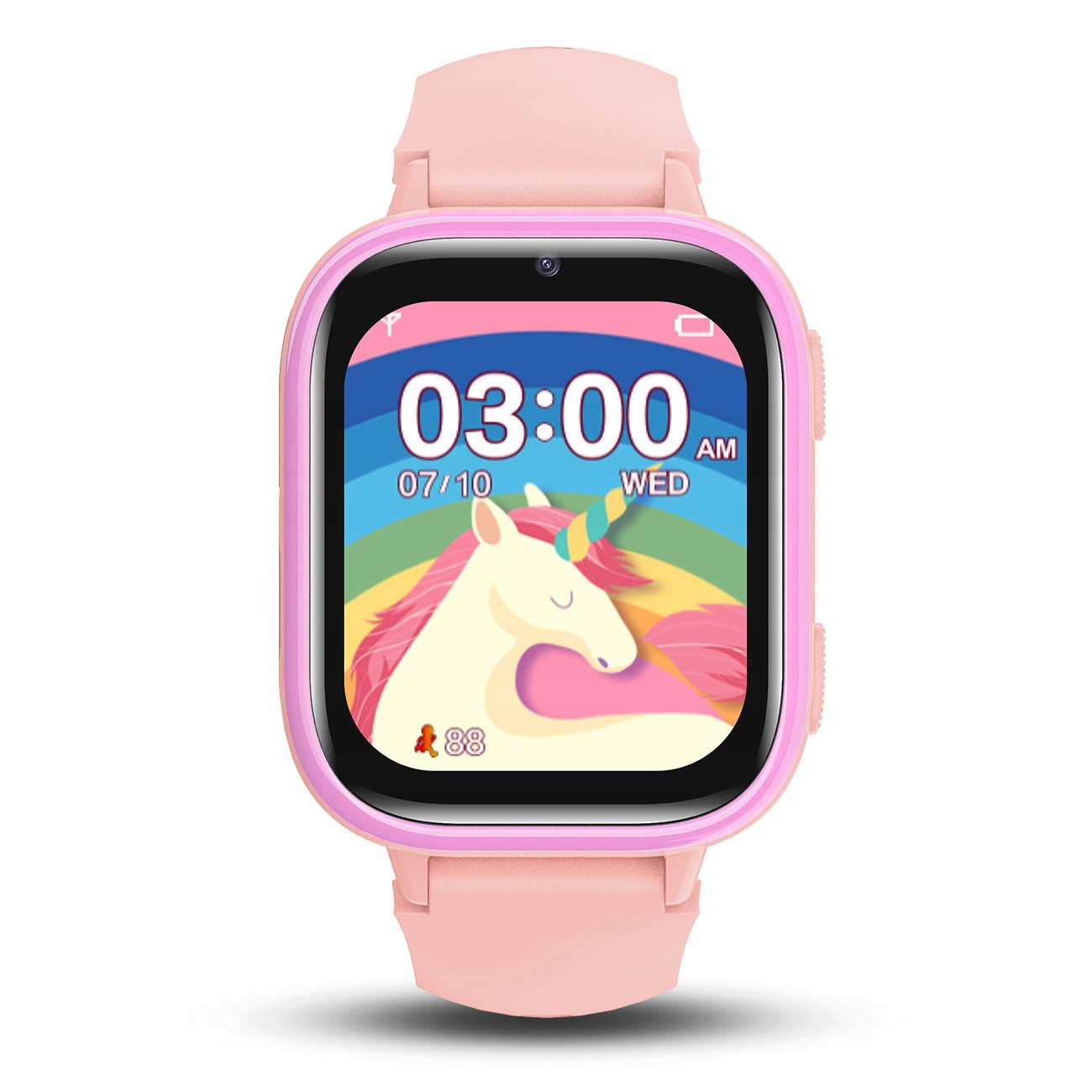 Różowy smartwatch z wyświetlaczem jednorożca pokazuje 3:00, 07/10, środa.