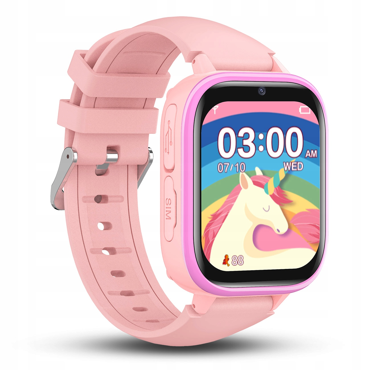 Różowy smartwatch z jednorożcem na ekranie, pokazuje 03:00, 10 lipca, środa.