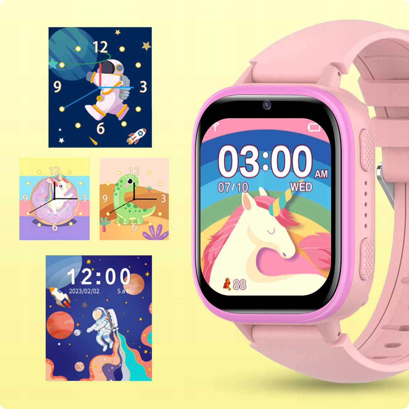 Różowy smartwatch z tarczą jednorożca. Mniejsze obrazy pokazują astronautów, dinozaury i pączki.
