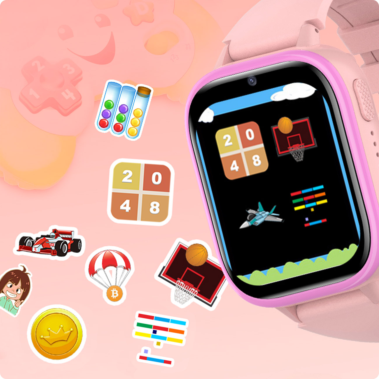 Różowy smartwatch wyświetla gry, otoczony naklejkami samochodu wyścigowego, koszykówki i Bitcoina.