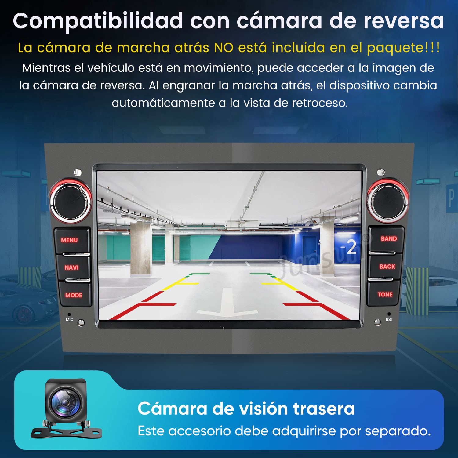 Pantalla muestra vista de cámara de reversa de estacionamiento con guías y icono de cámara.