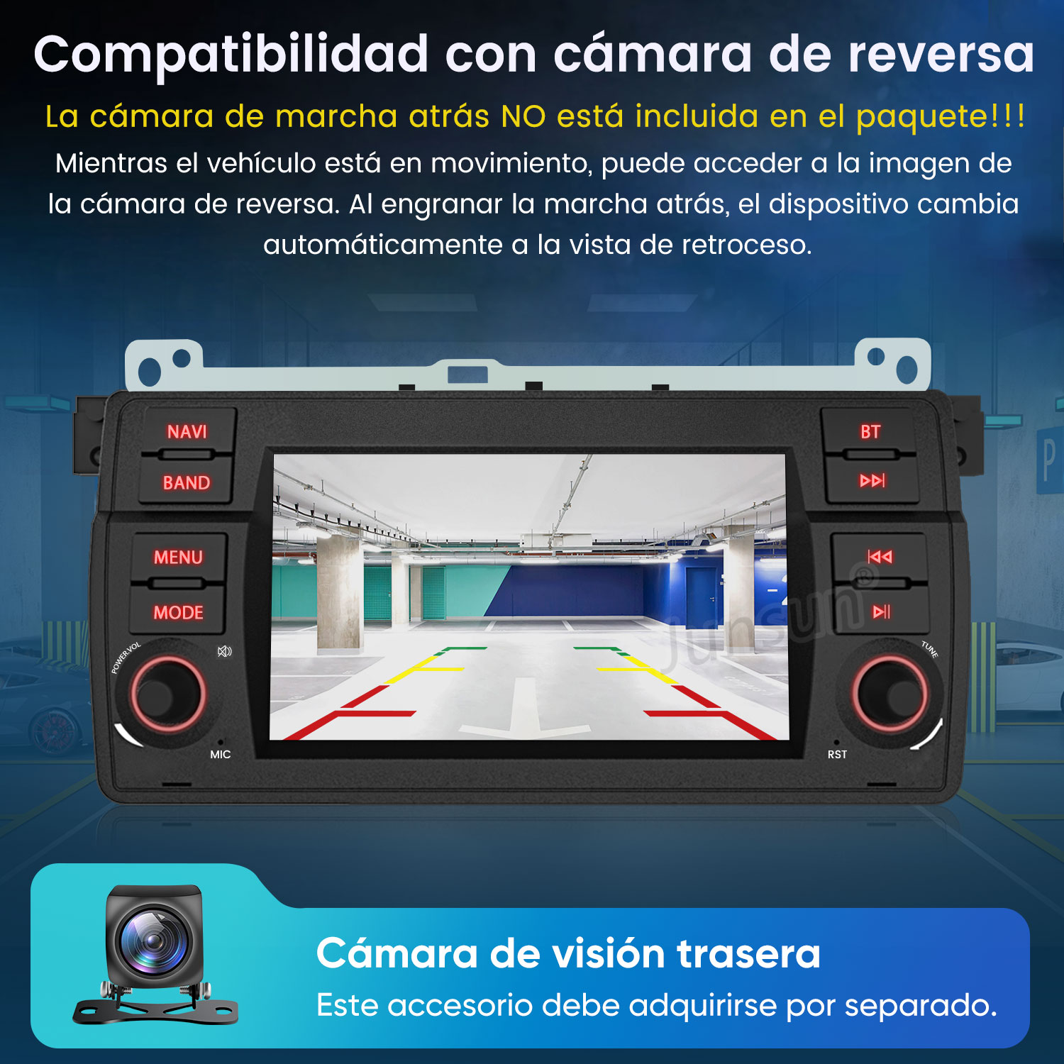 Un autorradio mostrando vista de cámara inversa, con cámara separada.